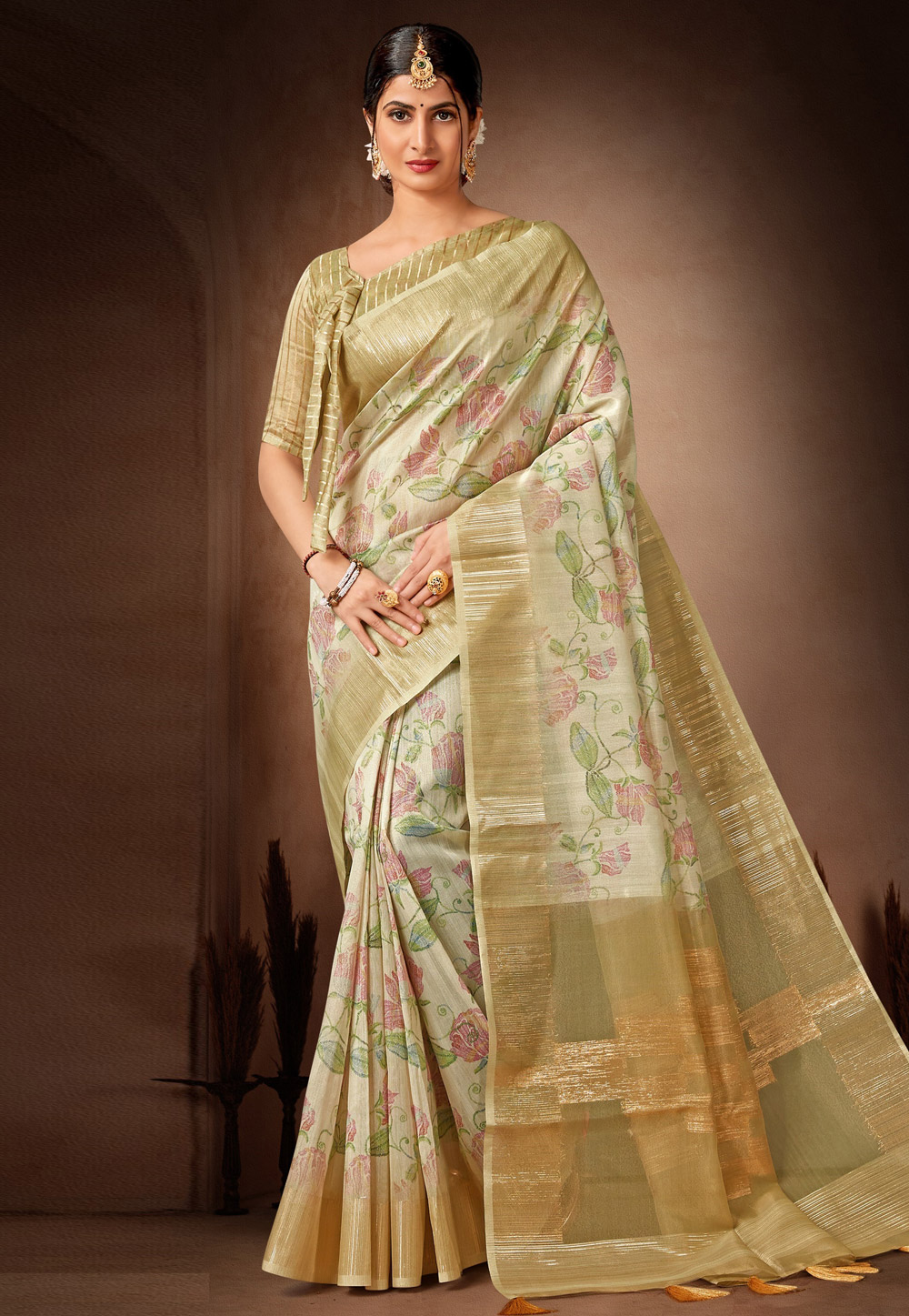 Beige Organza Saree With Blouse 278796