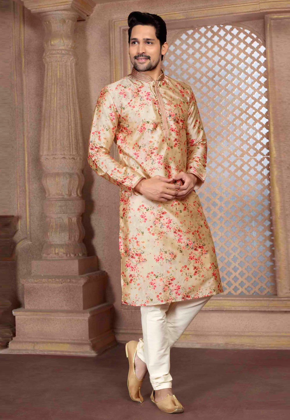 Beige Polyester Kurta Pajama 280921
