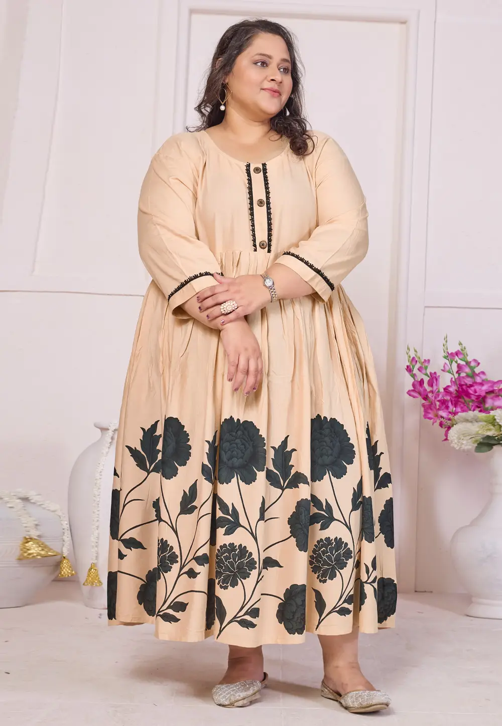 Beige Rayon Printed Gown 337059