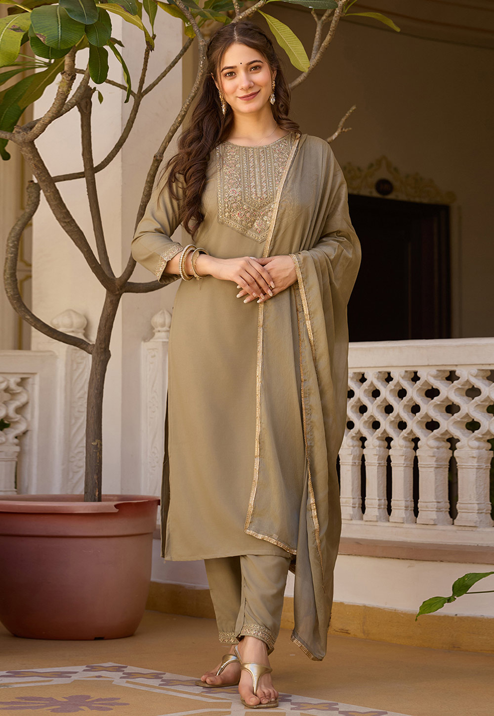 Beige Rayon Readymade Pant Style Suit 308106