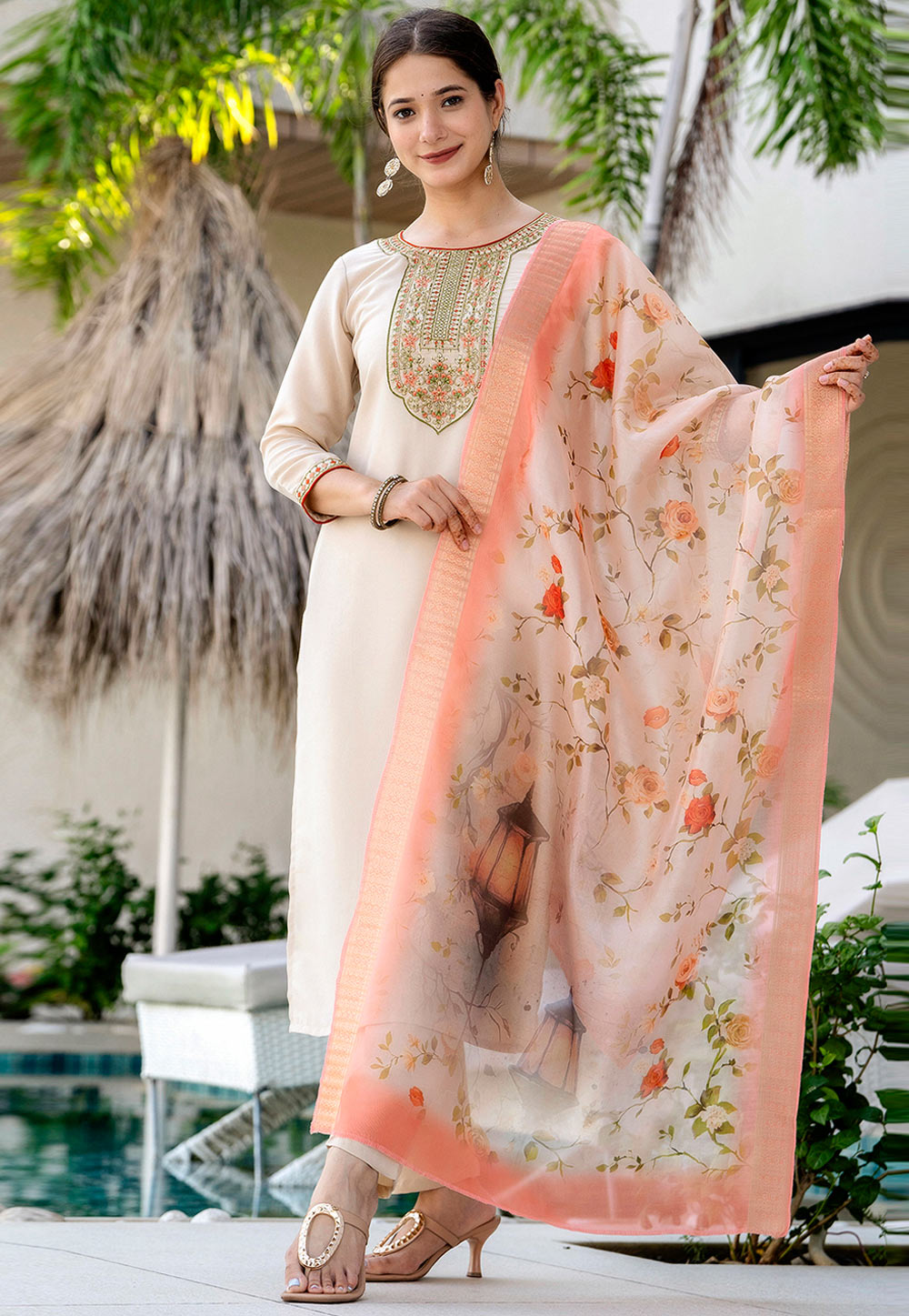 Beige Rayon Readymade Pant Style Suit 321394