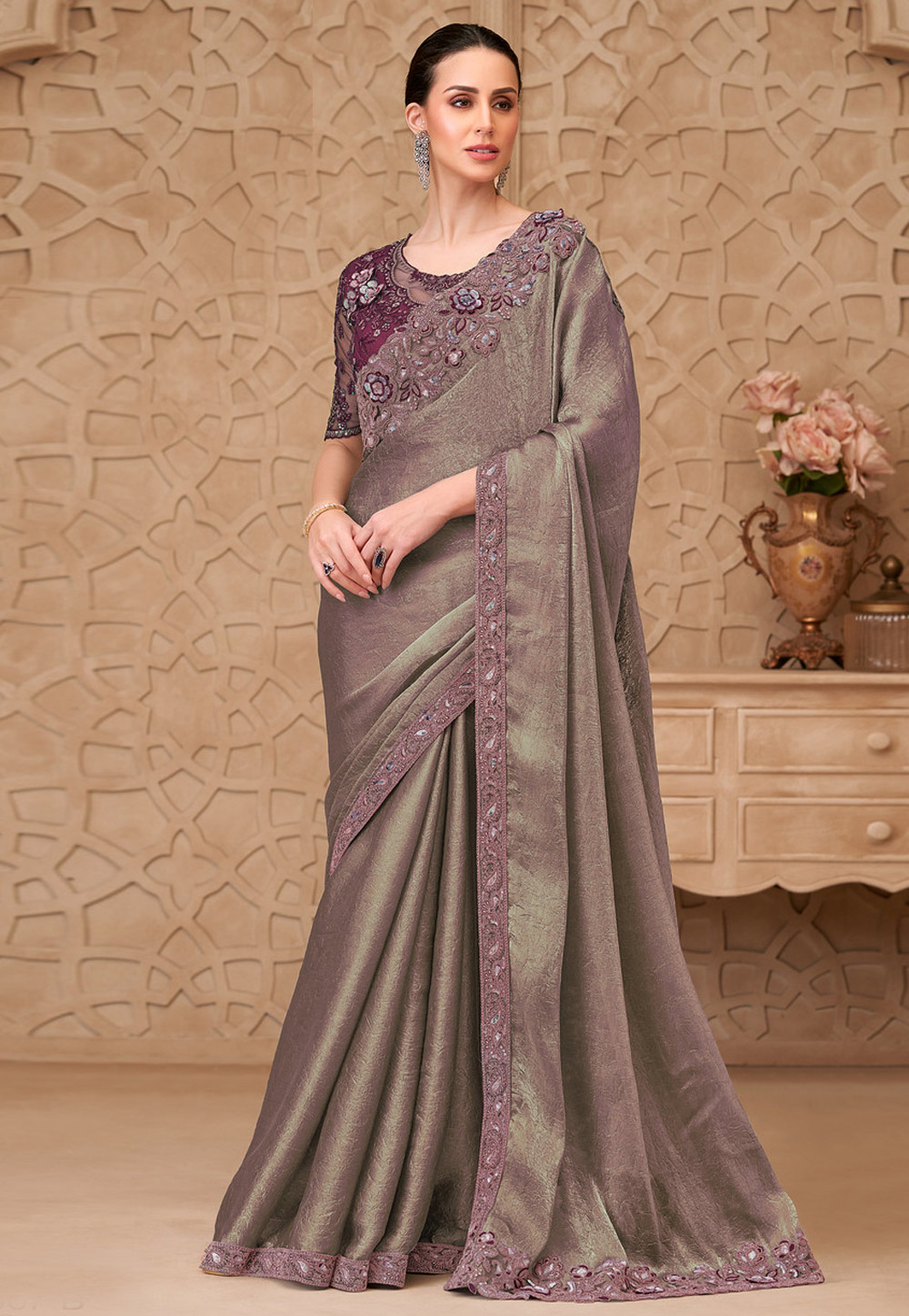 Beige Satin Georgette Saree With Blouse 325698