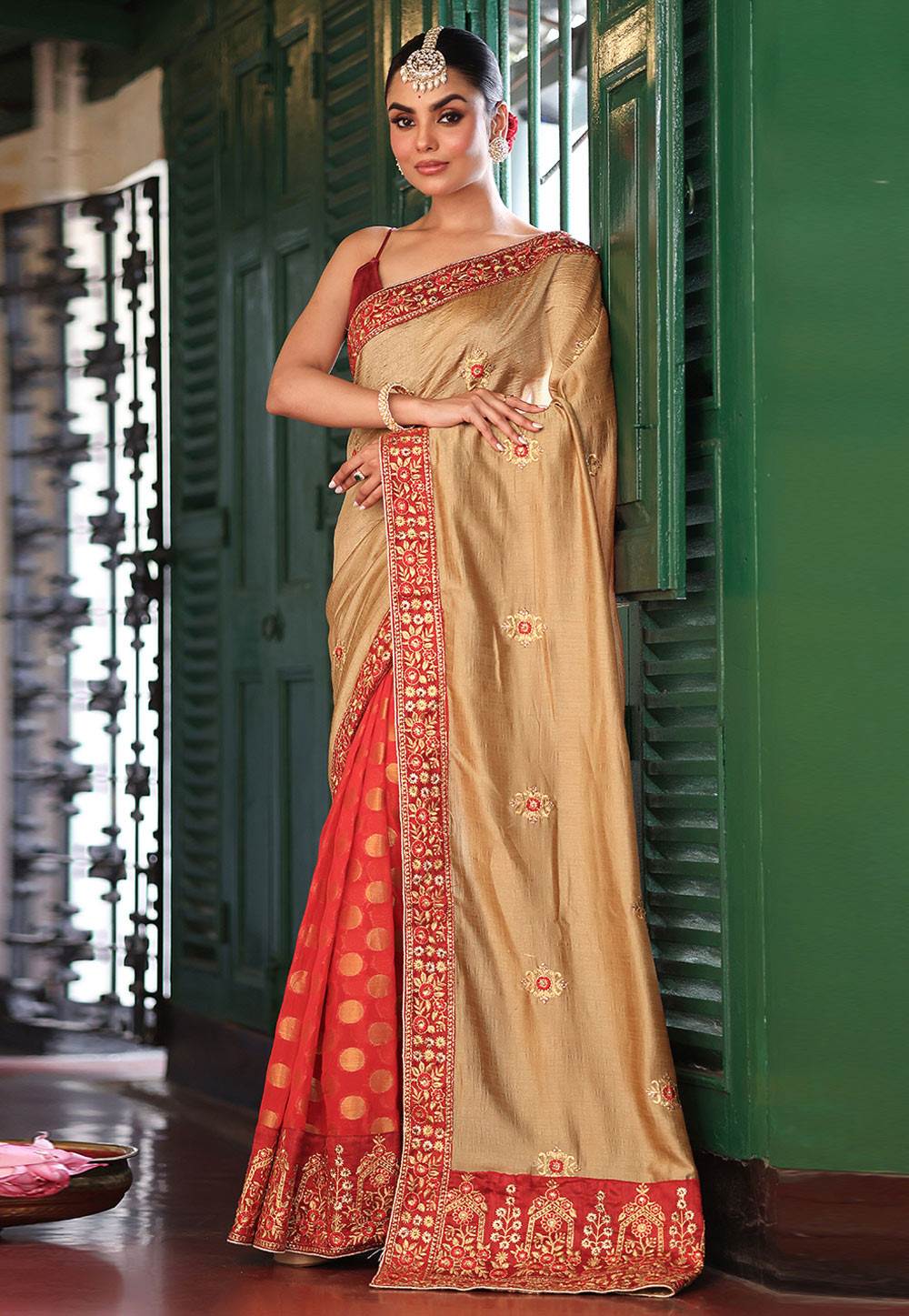Beige Satin Half N Half Saree 320112