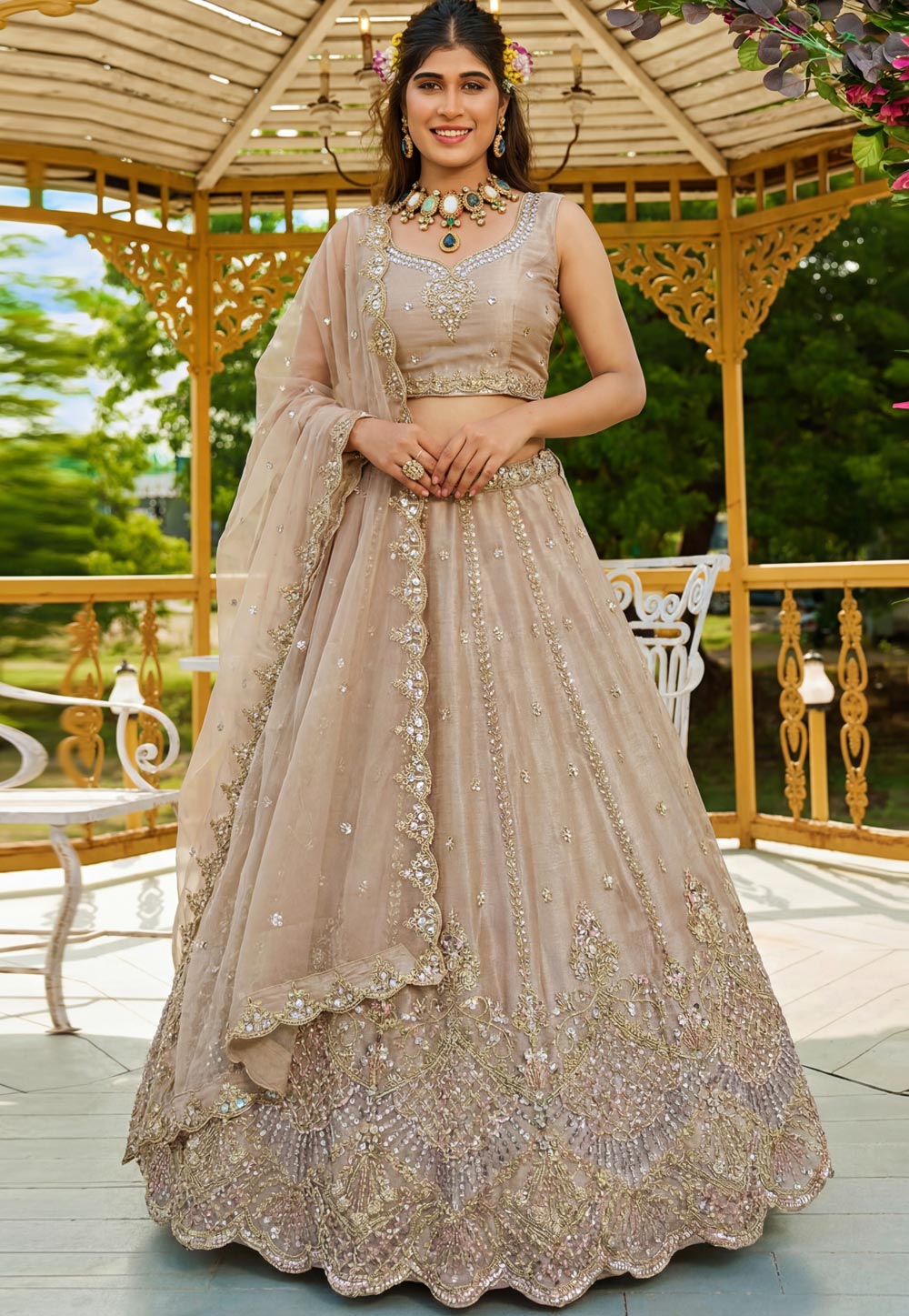 Beige Satin Lehenga Choli For Wedding 323508