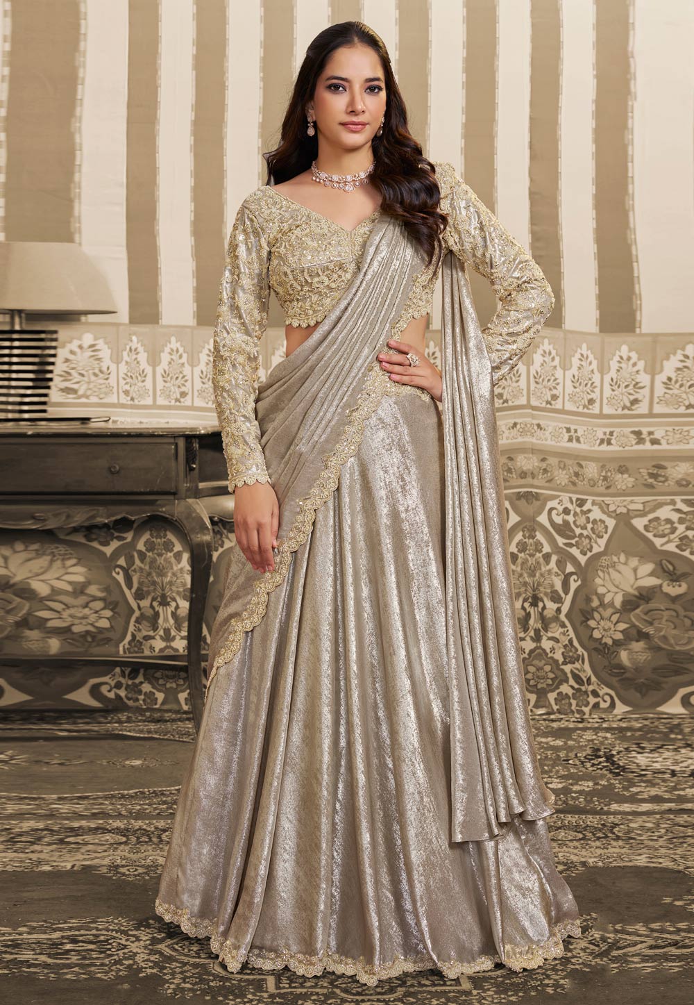 Beige Satin Lehenga Saree 323667