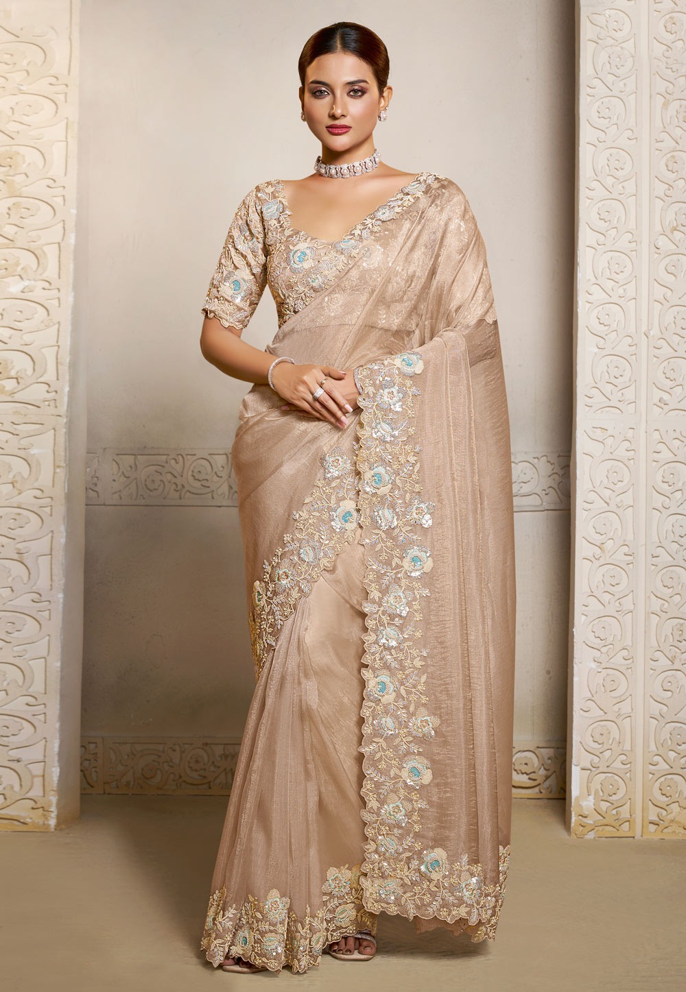 Beige Satin Saree With Blouse 318967