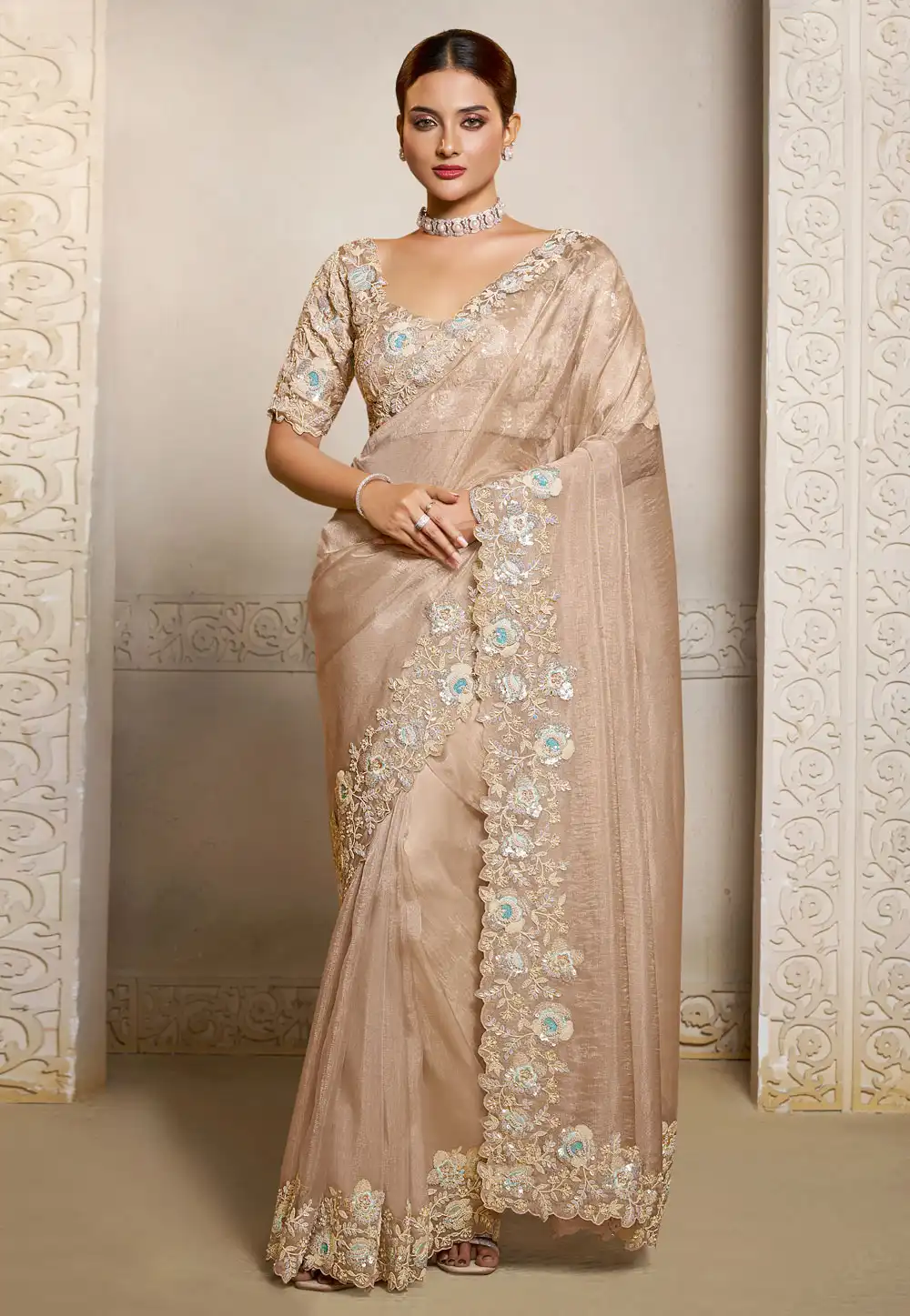 Beige Satin Saree With Blouse 318967