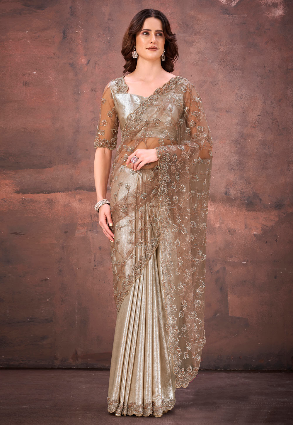 Beige Satin Saree With Blouse 320328