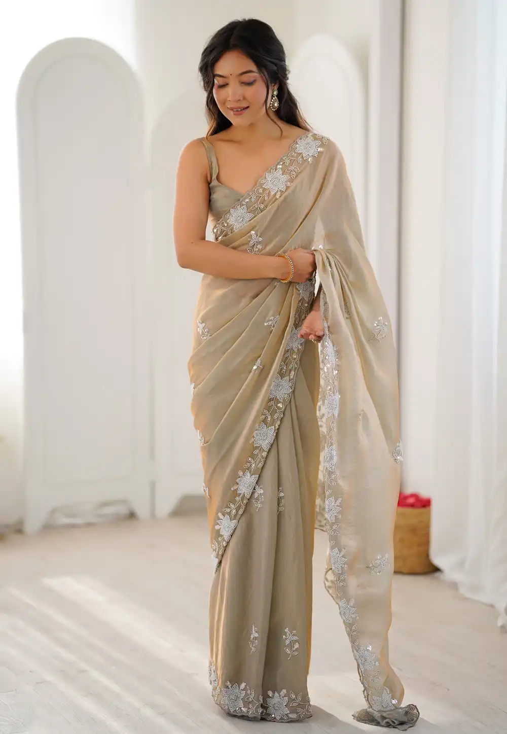 Beige Satin Saree With Blouse 320284