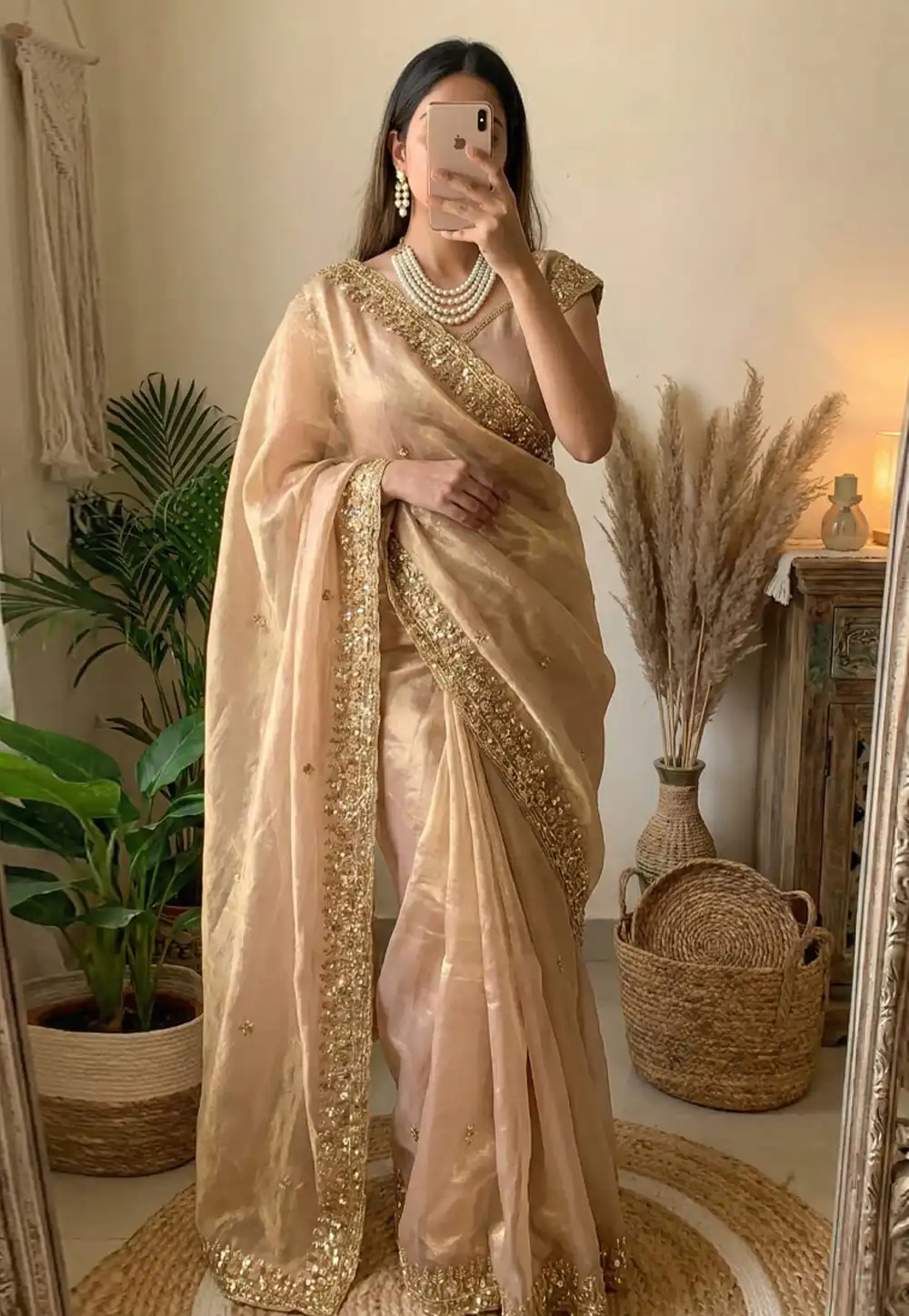 Beige Satin Saree With Blouse 330033