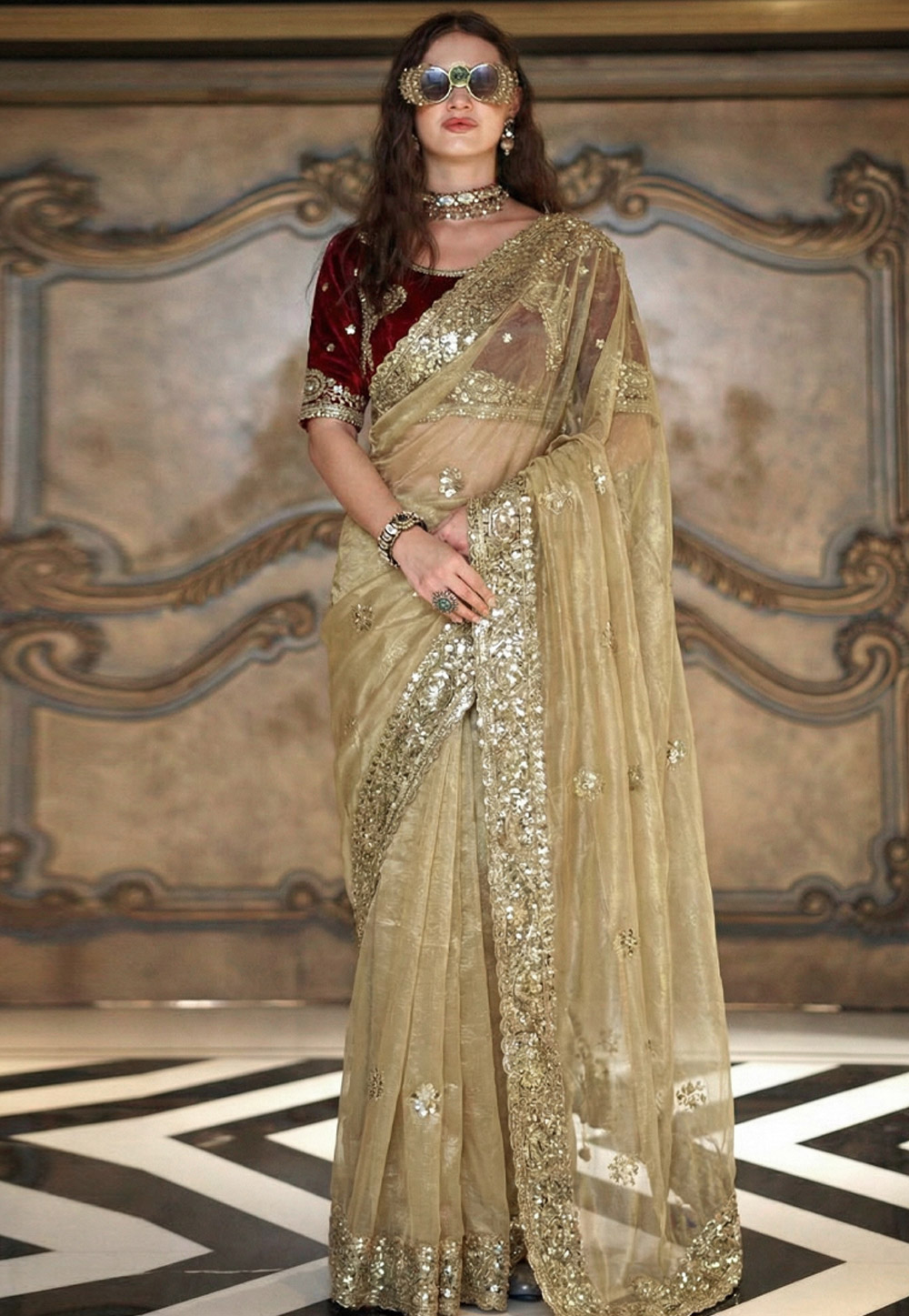 Beige Satin Saree With Blouse 330078