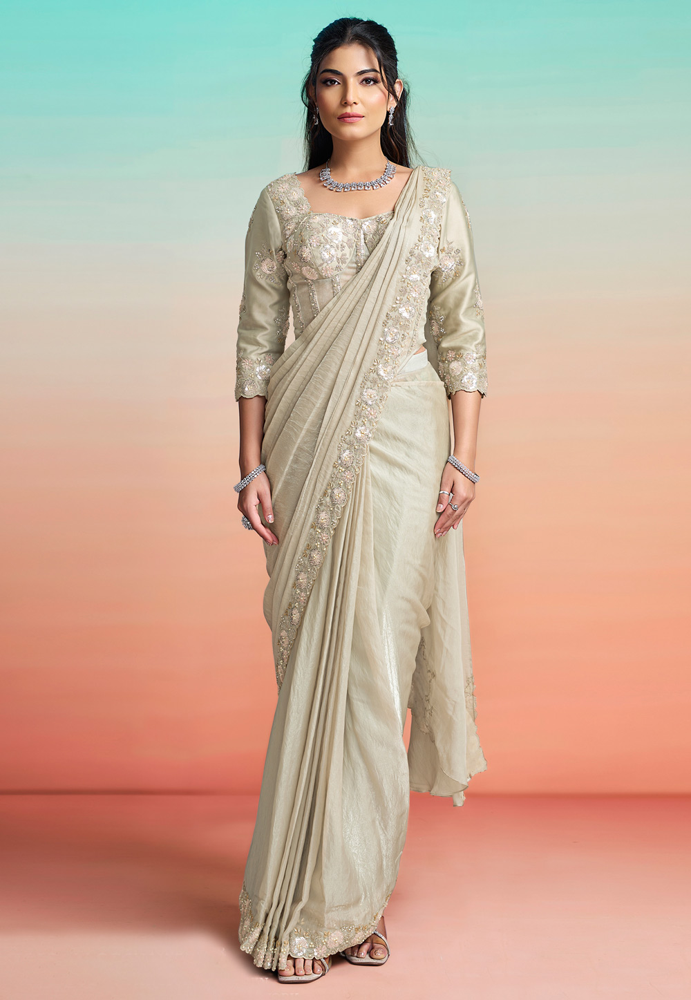 Beige Satin Silk Lehenga Saree 327240