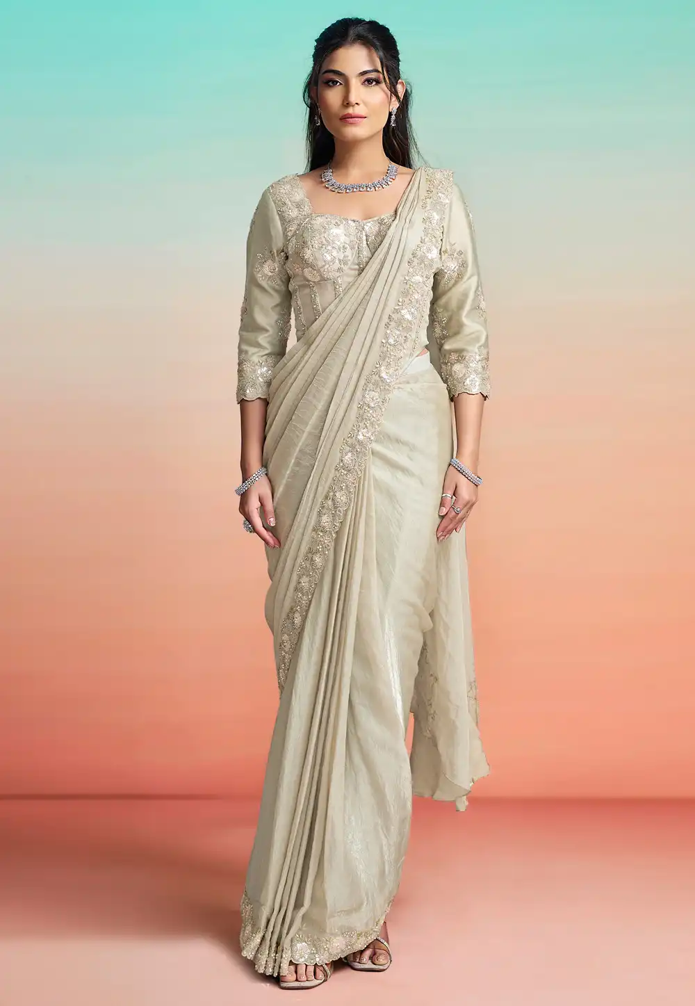 Beige Satin Silk Lehenga Saree 327240