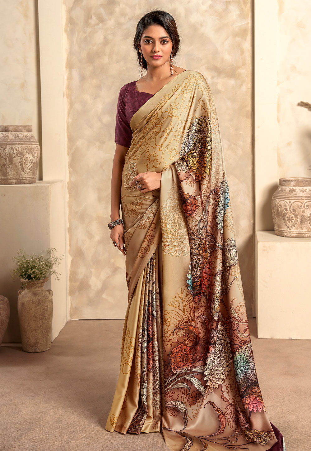 Beige Satin Silk Saree With Blouse 278458