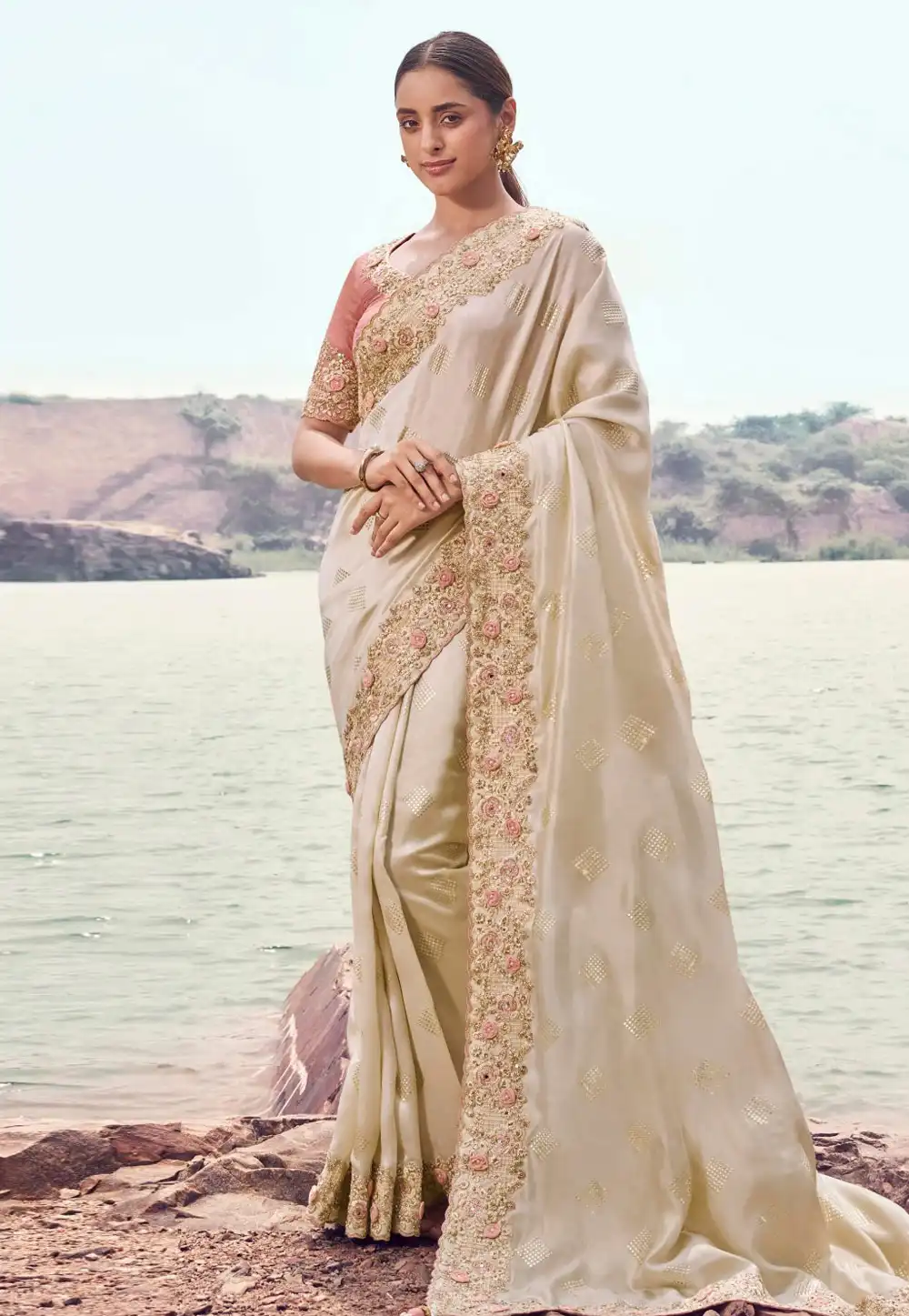 Beige Satin Silk Saree With Blouse 319723