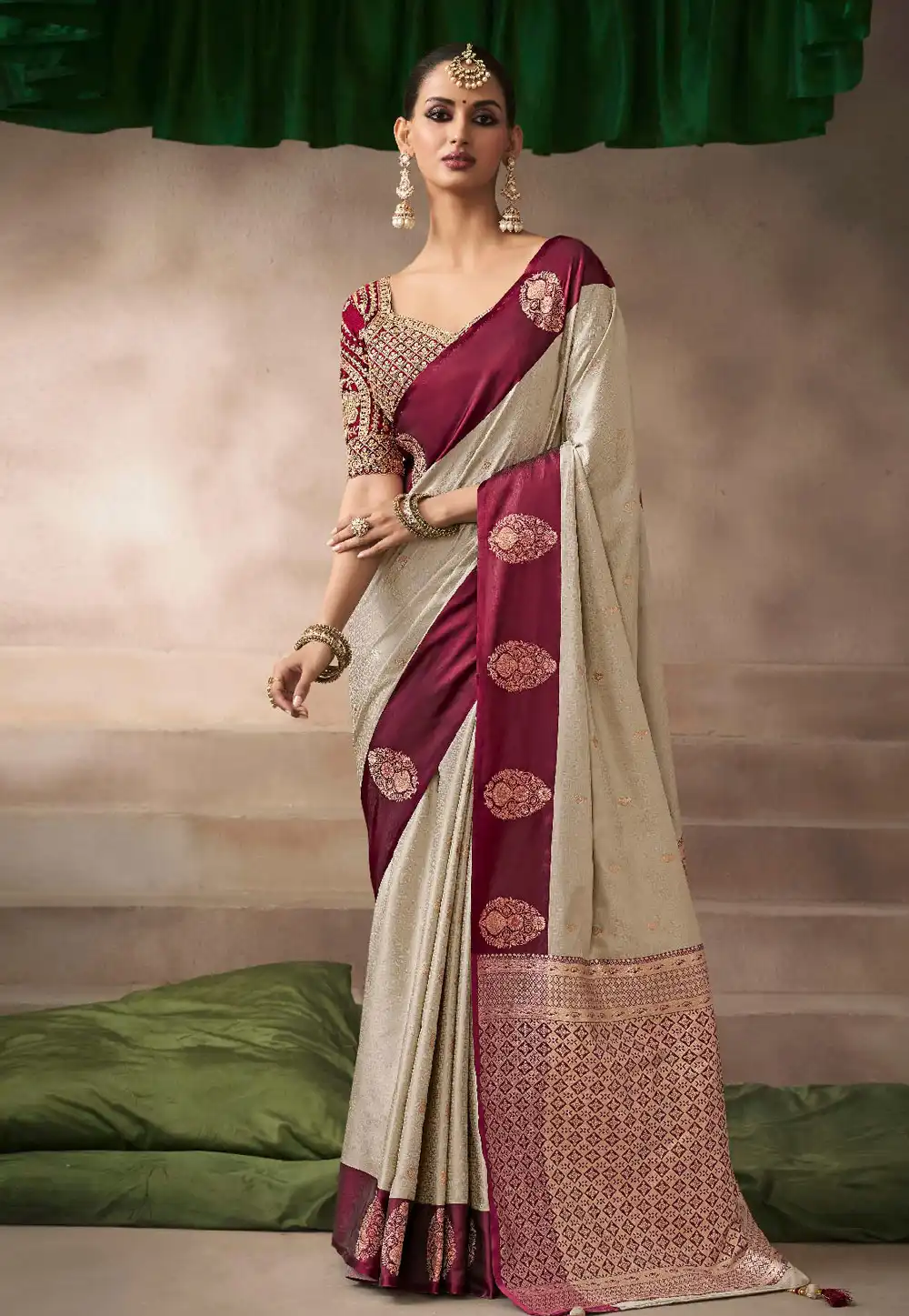 Beige Satin Silk Saree With Blouse 317023