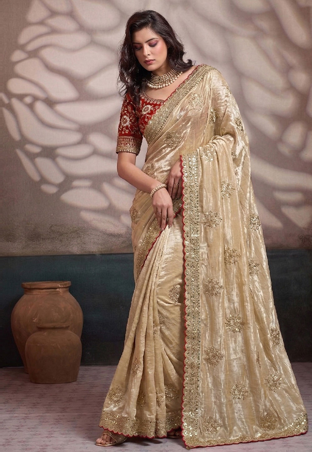 Beige Satin Silk Saree With Blouse 330054