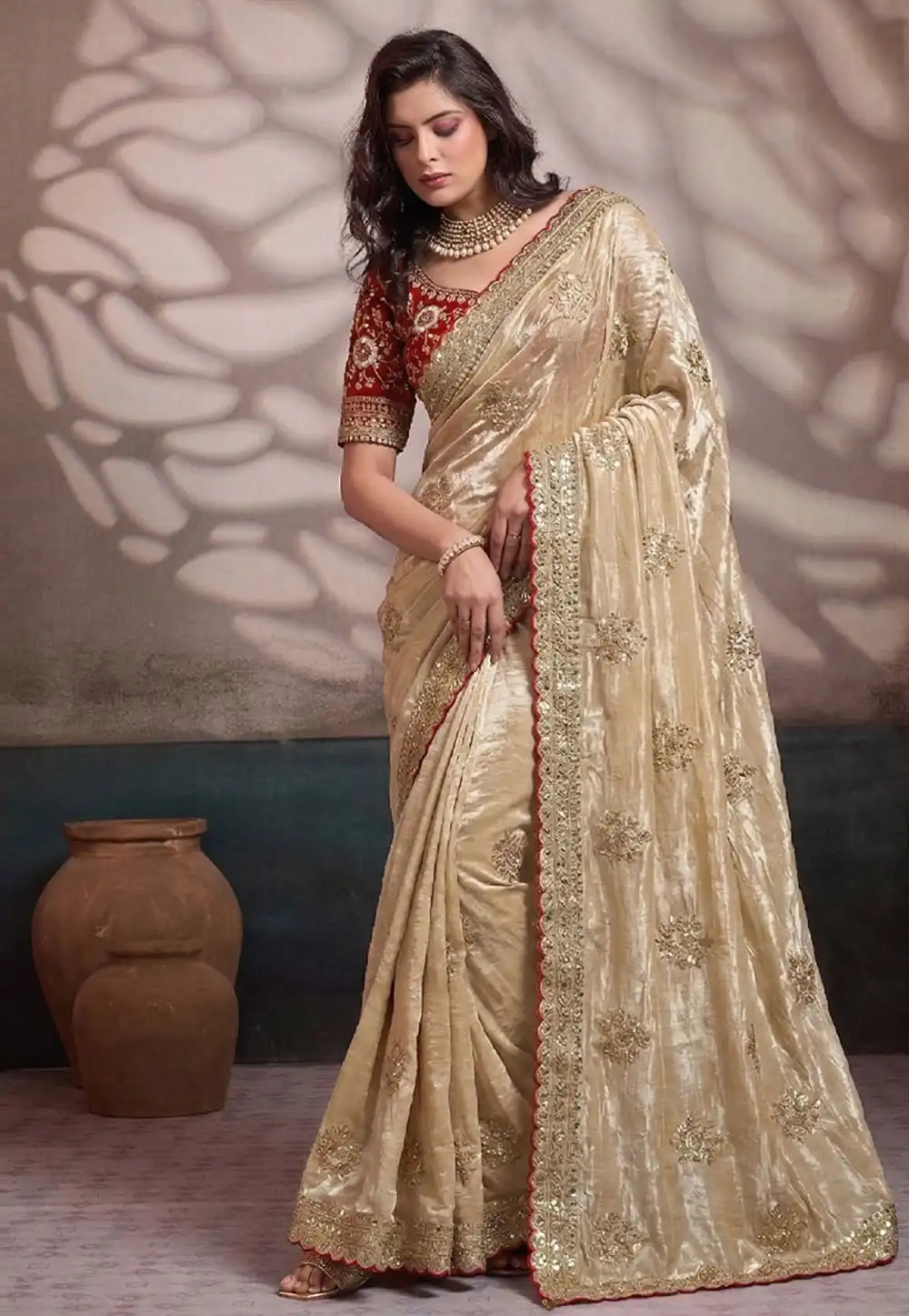 Beige Satin Silk Saree With Blouse 330054