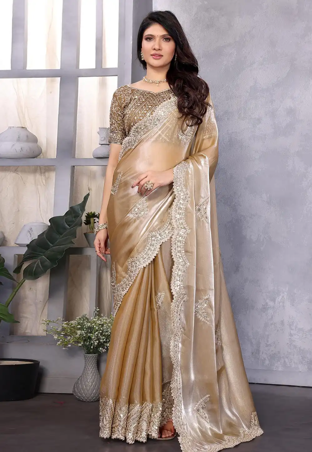 Beige Shimmer Chiffon Saree With Blouse 316148