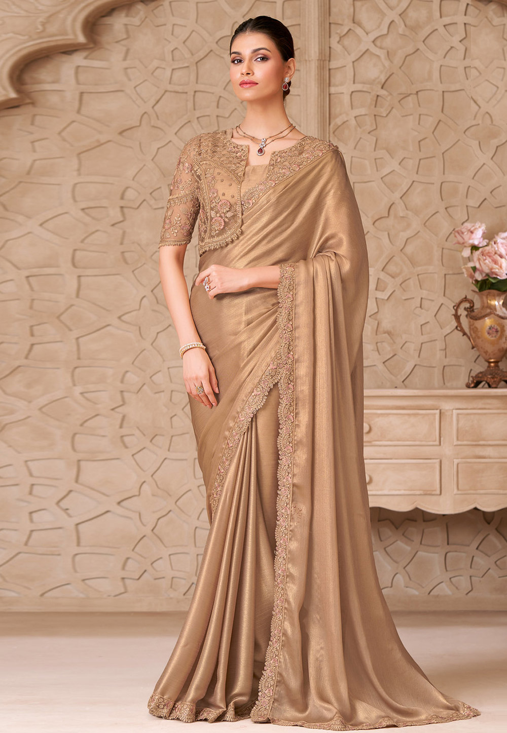 Beige Shimmer Designer Saree 325757