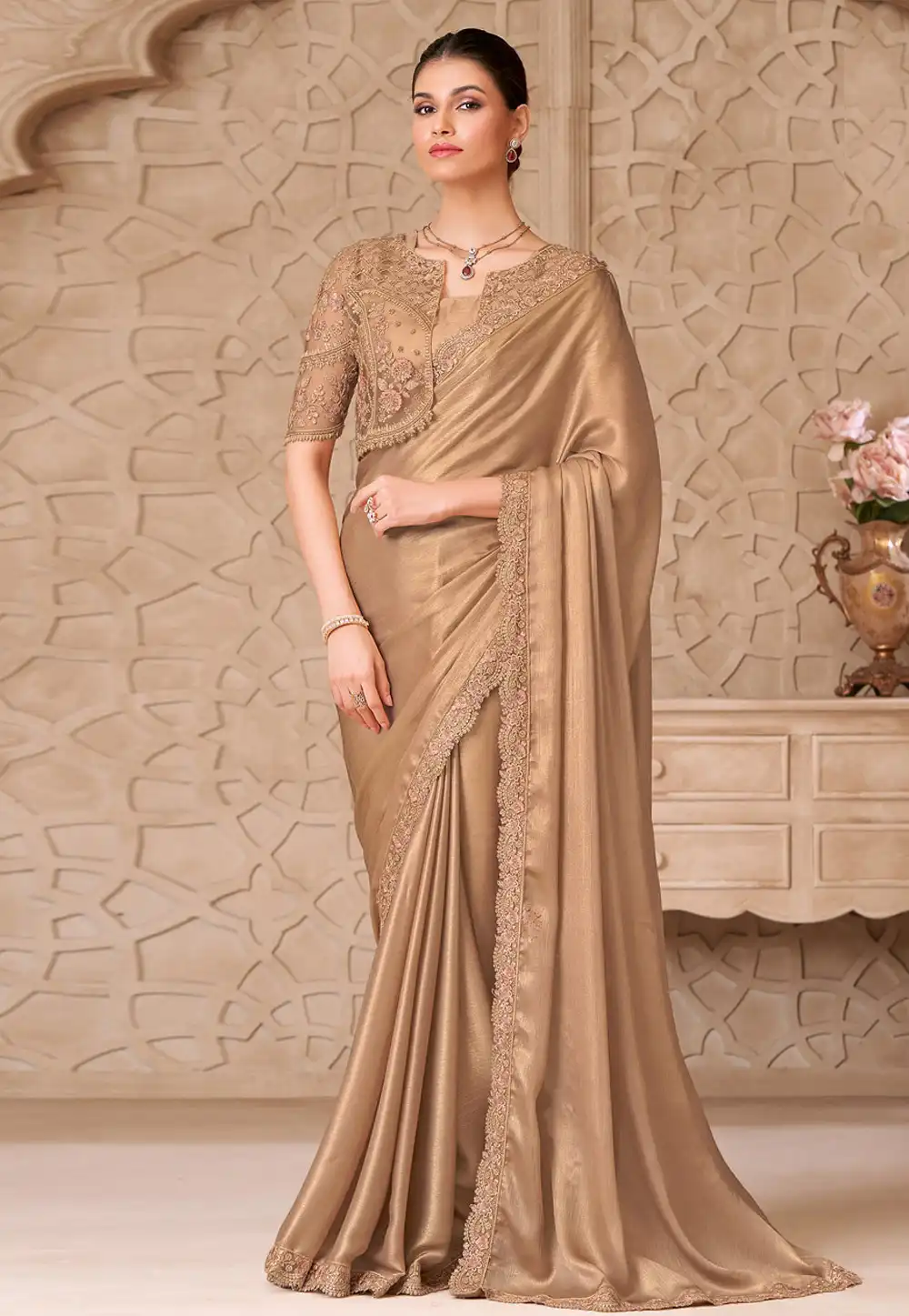 Beige Shimmer Designer Saree 325757