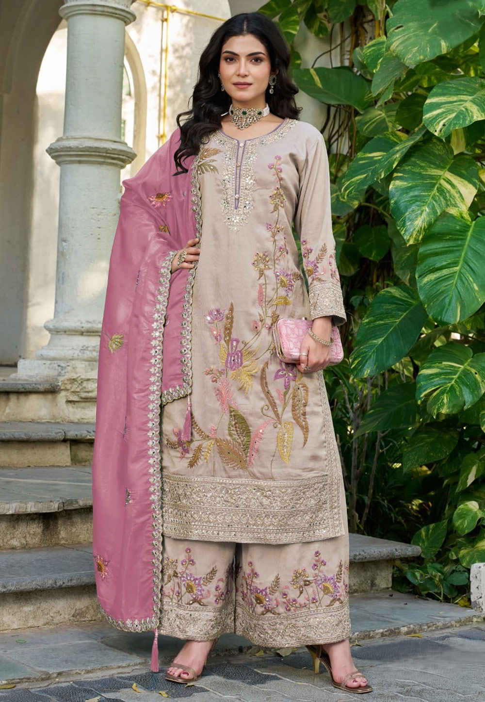 Beige Shimmer Pakistani Suit 329598