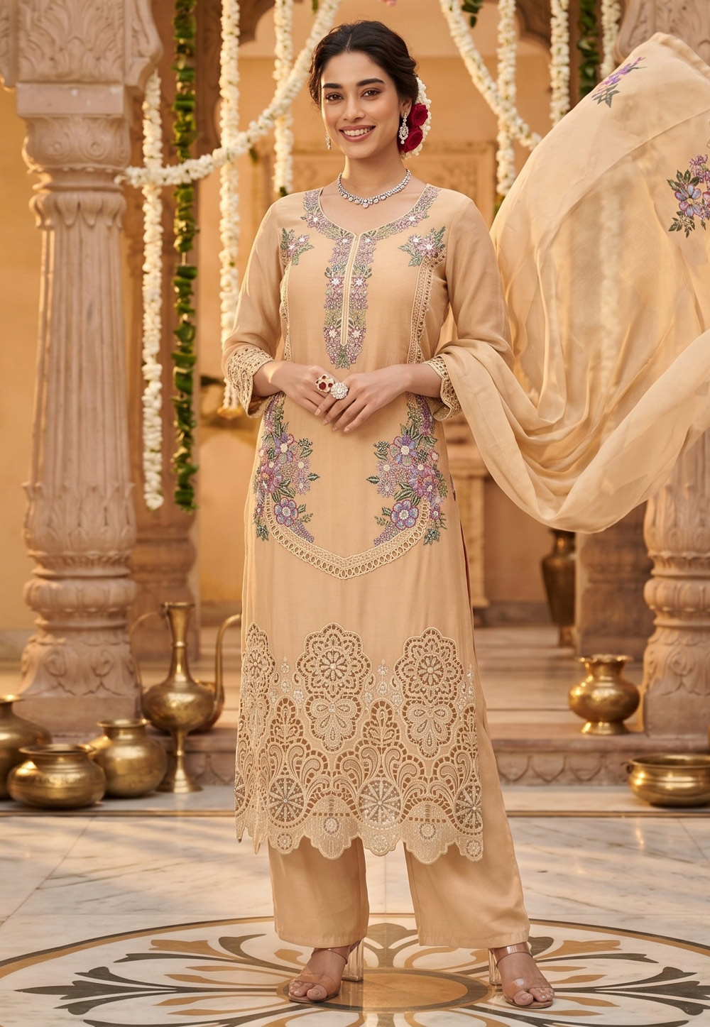 Beige Shimmer Palazzo Suit 328373