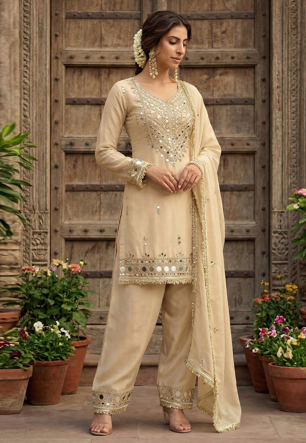 Beige Shimmer Pant Style Suit 326975