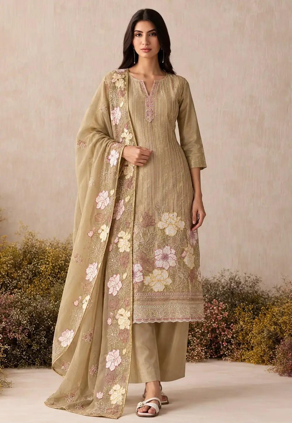 Beige Shimmer Pant Style Suit 335838