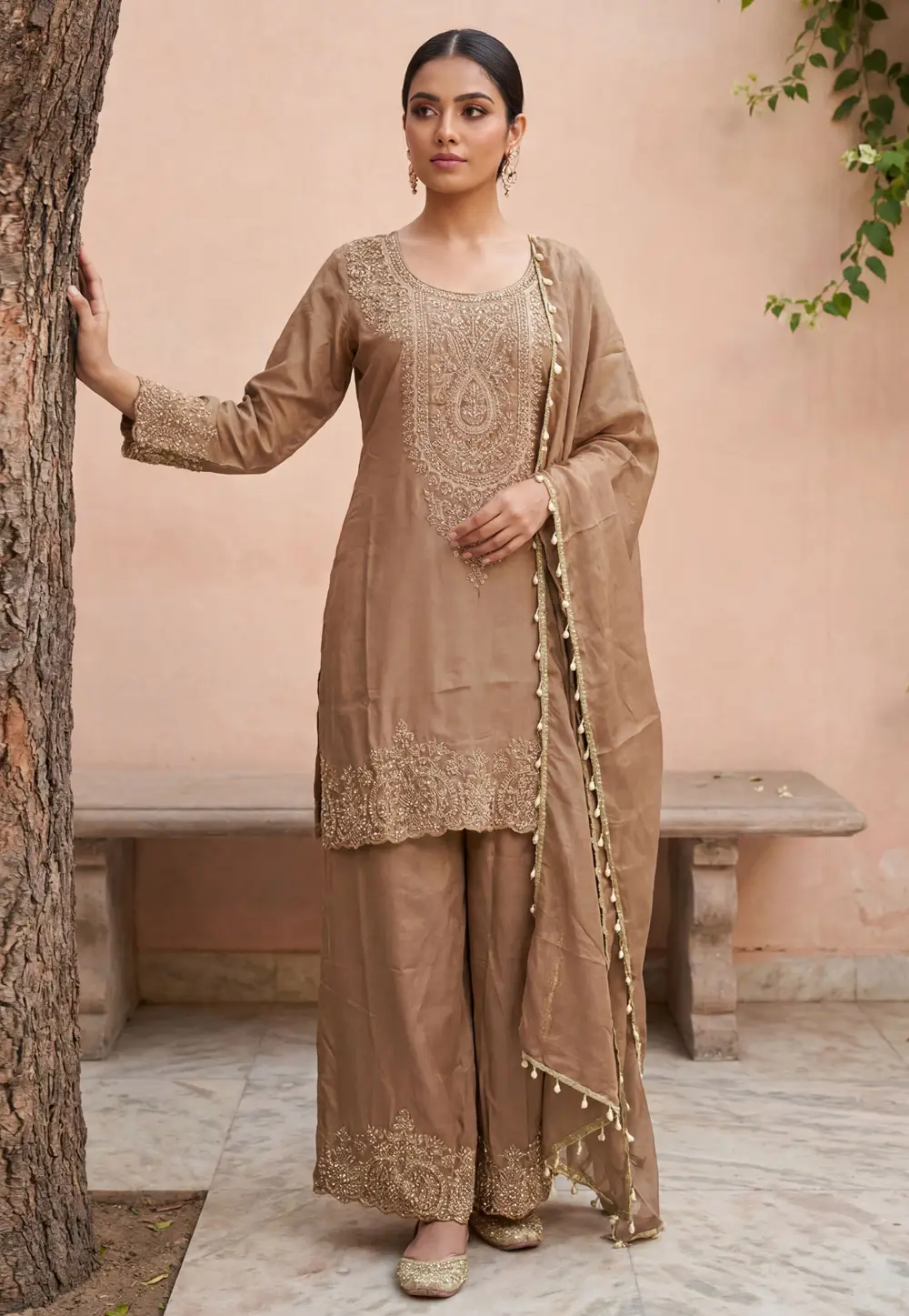 Beige Shimmer Readymade Palazzo Suit 332119