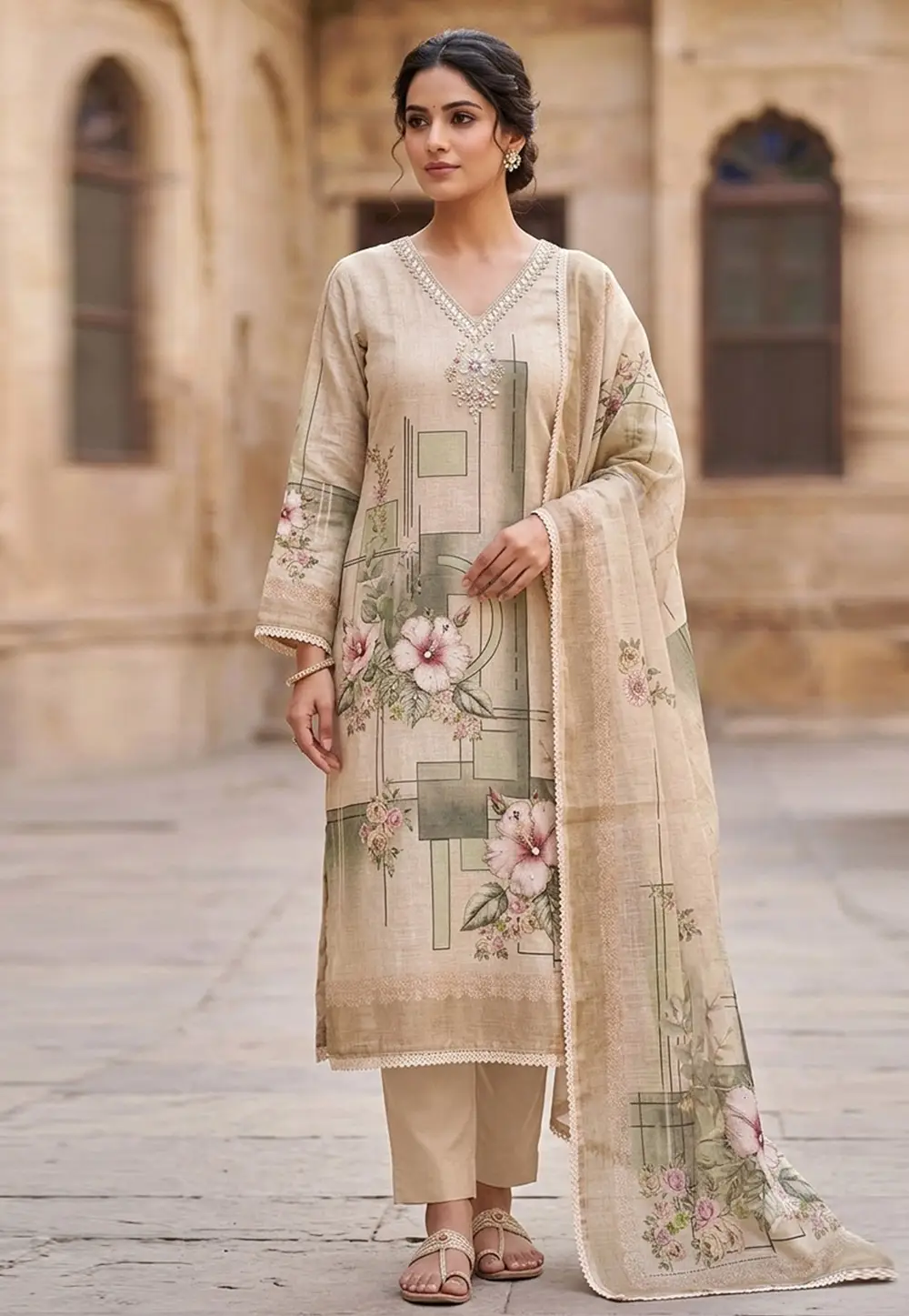 Beige Shimmer Straight Suit 335170