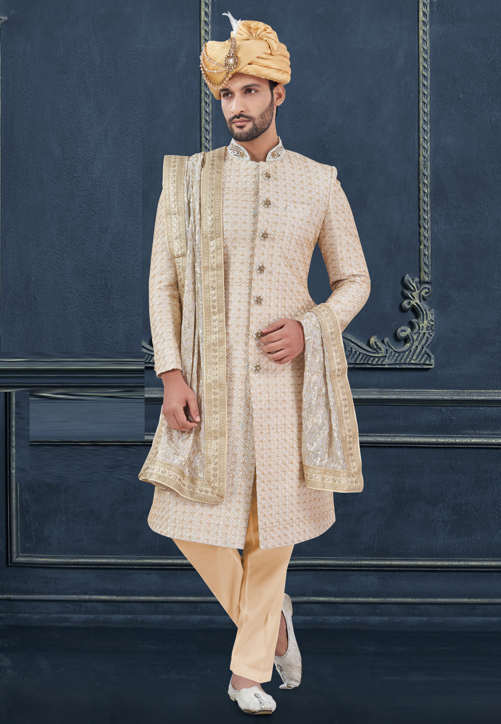 Beige Silk Achkan Style Sherwani 305198