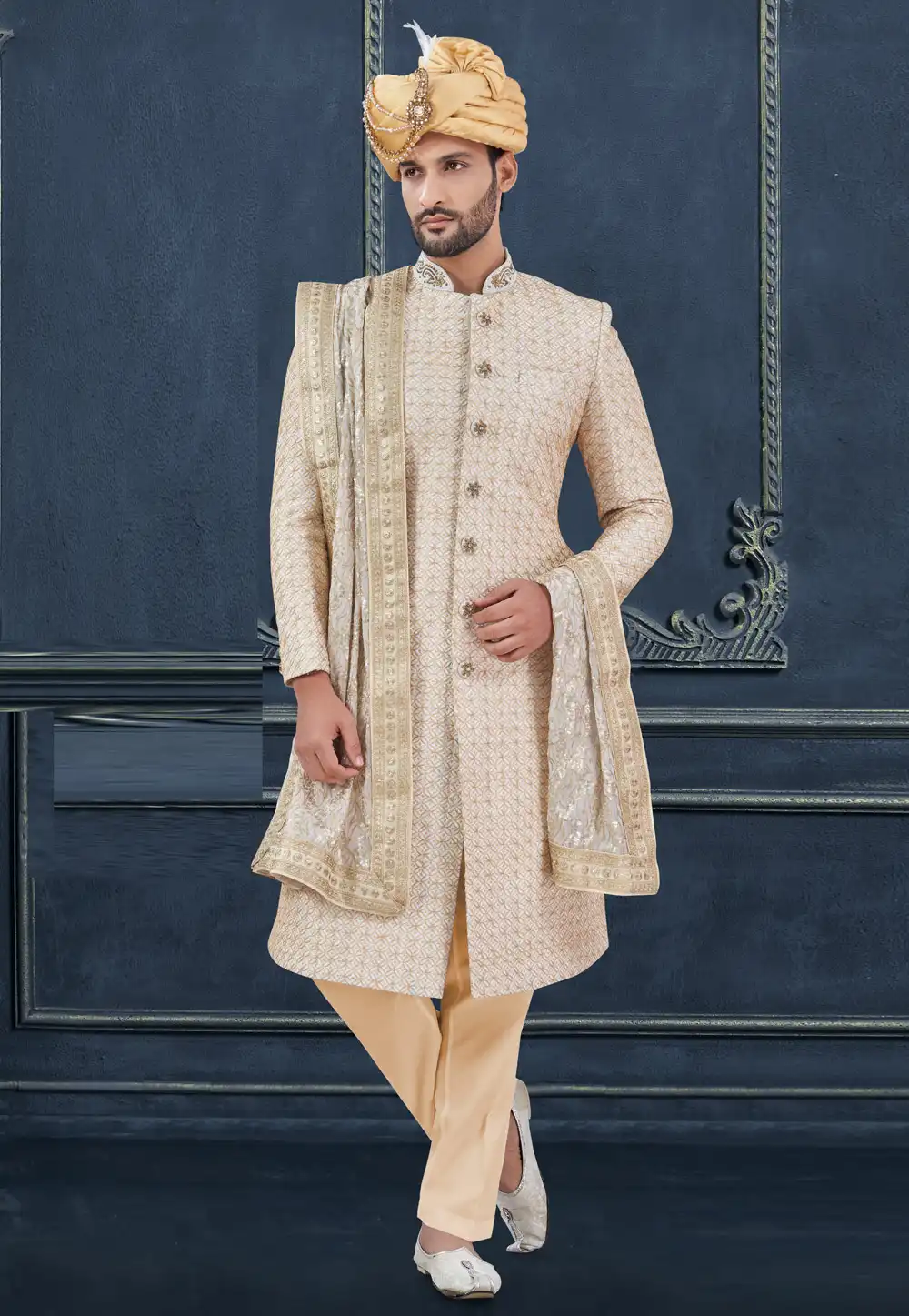 Beige Silk Achkan Style Sherwani 305198