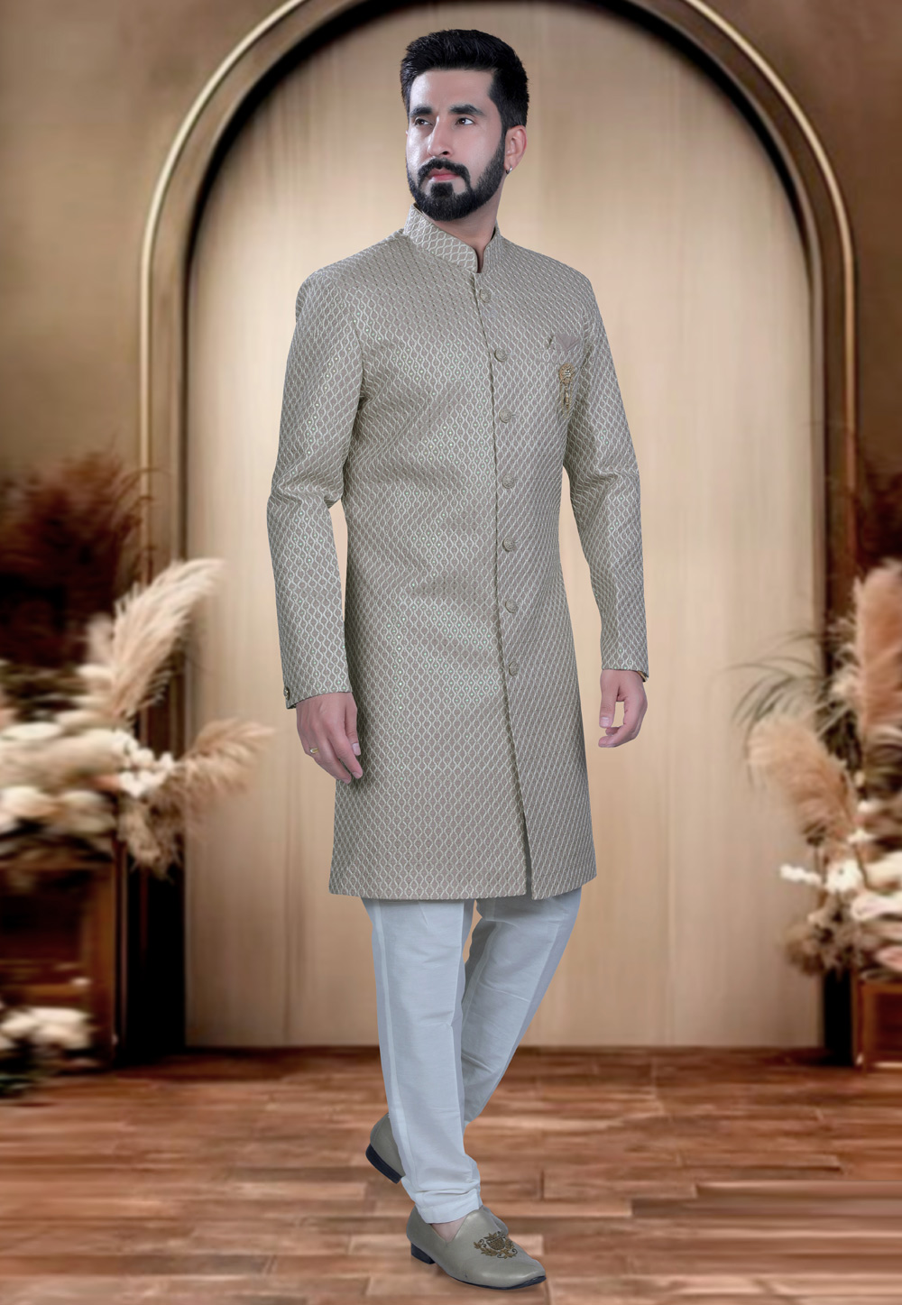 Beige Silk Achkan Style Sherwani 319661