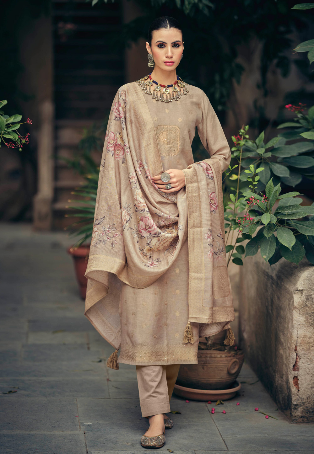 Beige Silk Cotton Straight Suit 328873
