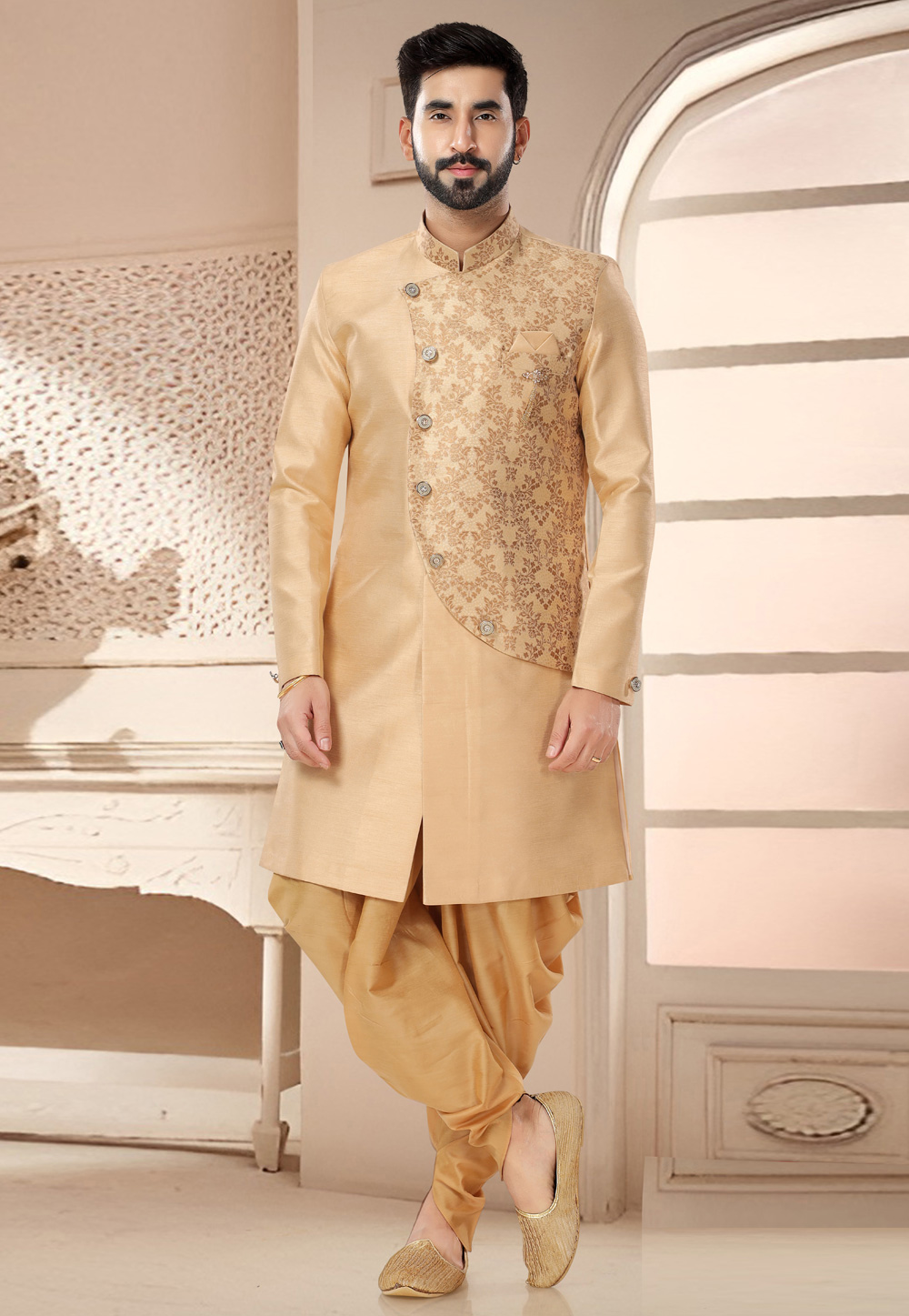 Beige Silk Dhoti Sherwani 285745
