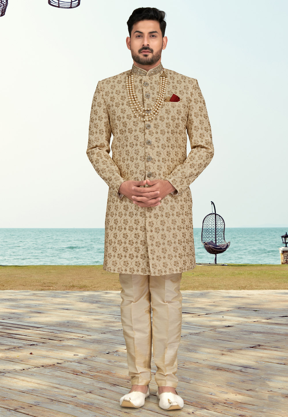 Beige Silk Indo Western Sherwani 279738