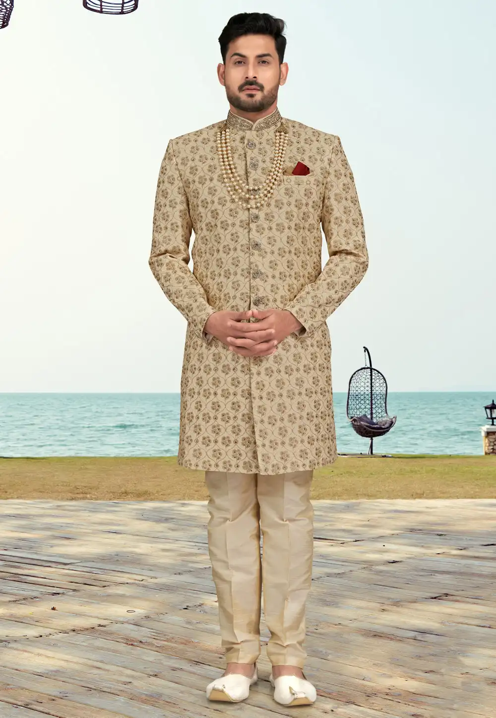 Beige Silk Indo Western Sherwani 279738