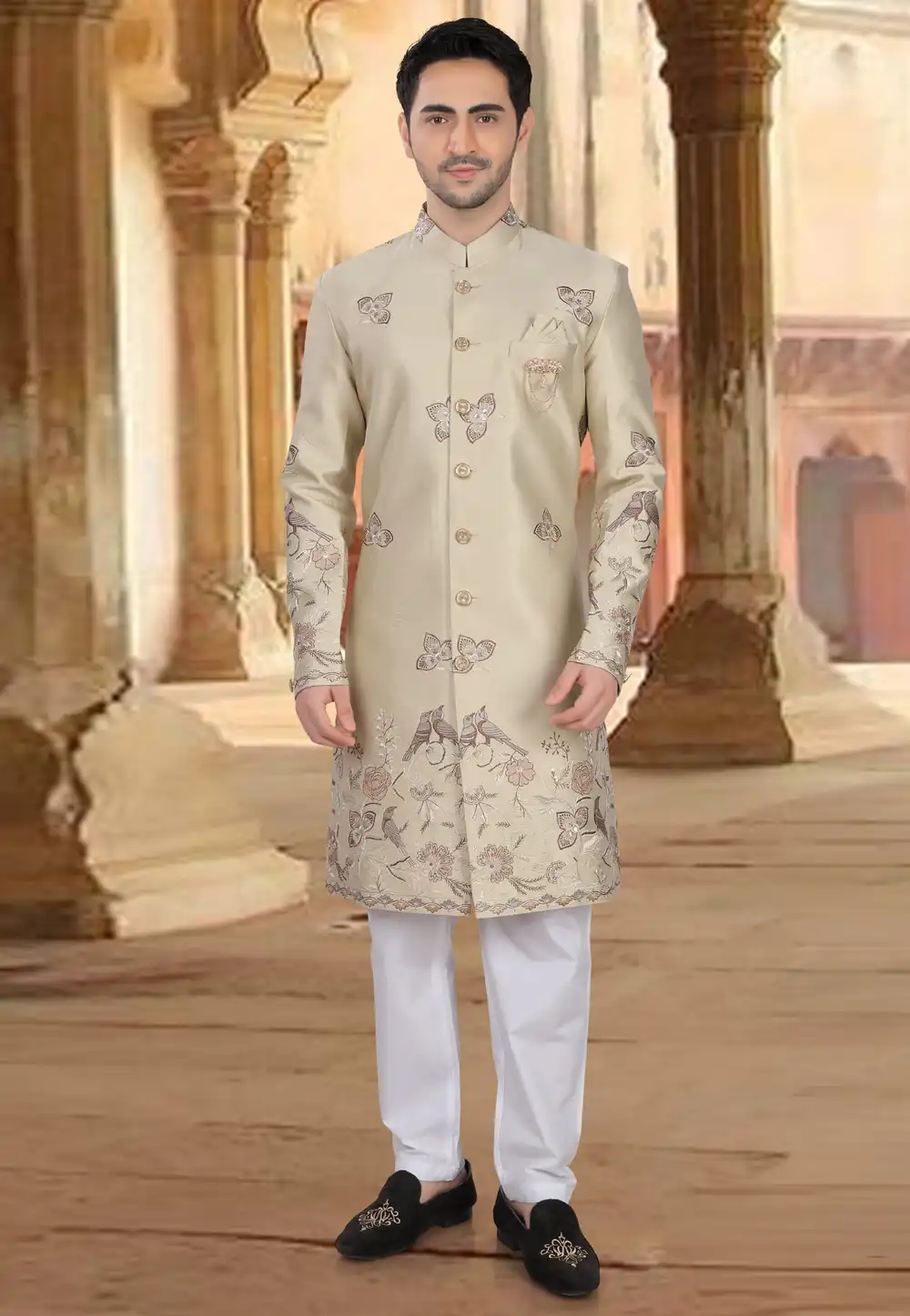 Beige Silk Indo Western Sherwani 309075
