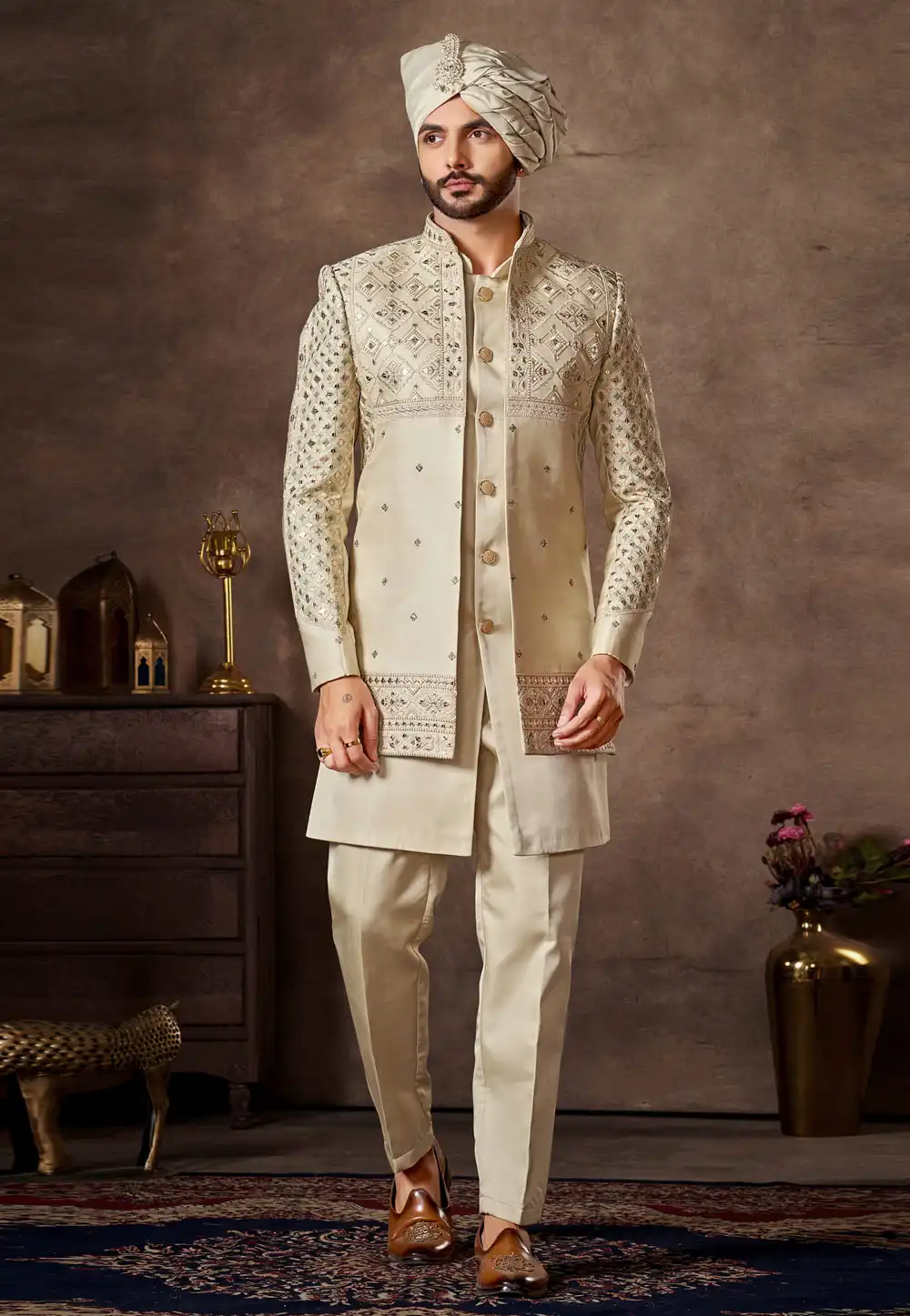 Beige Silk Indo Western Suit 324103