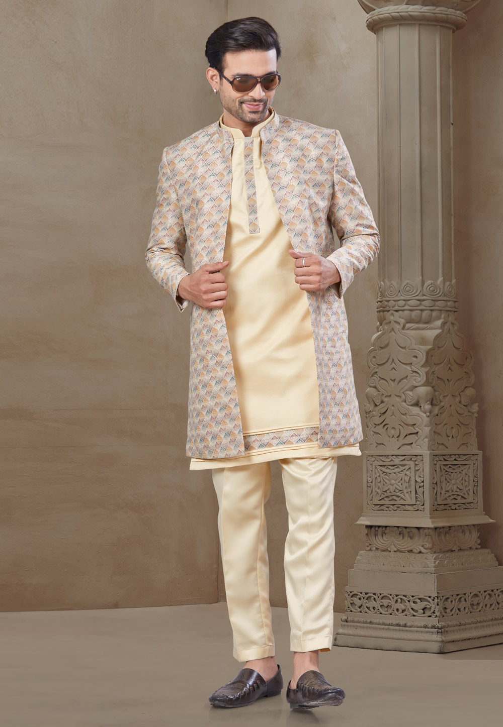 Beige Silk Indo Western Suit 306690