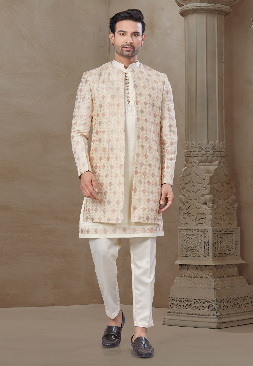 Beige Silk Indo Western Suit 306692