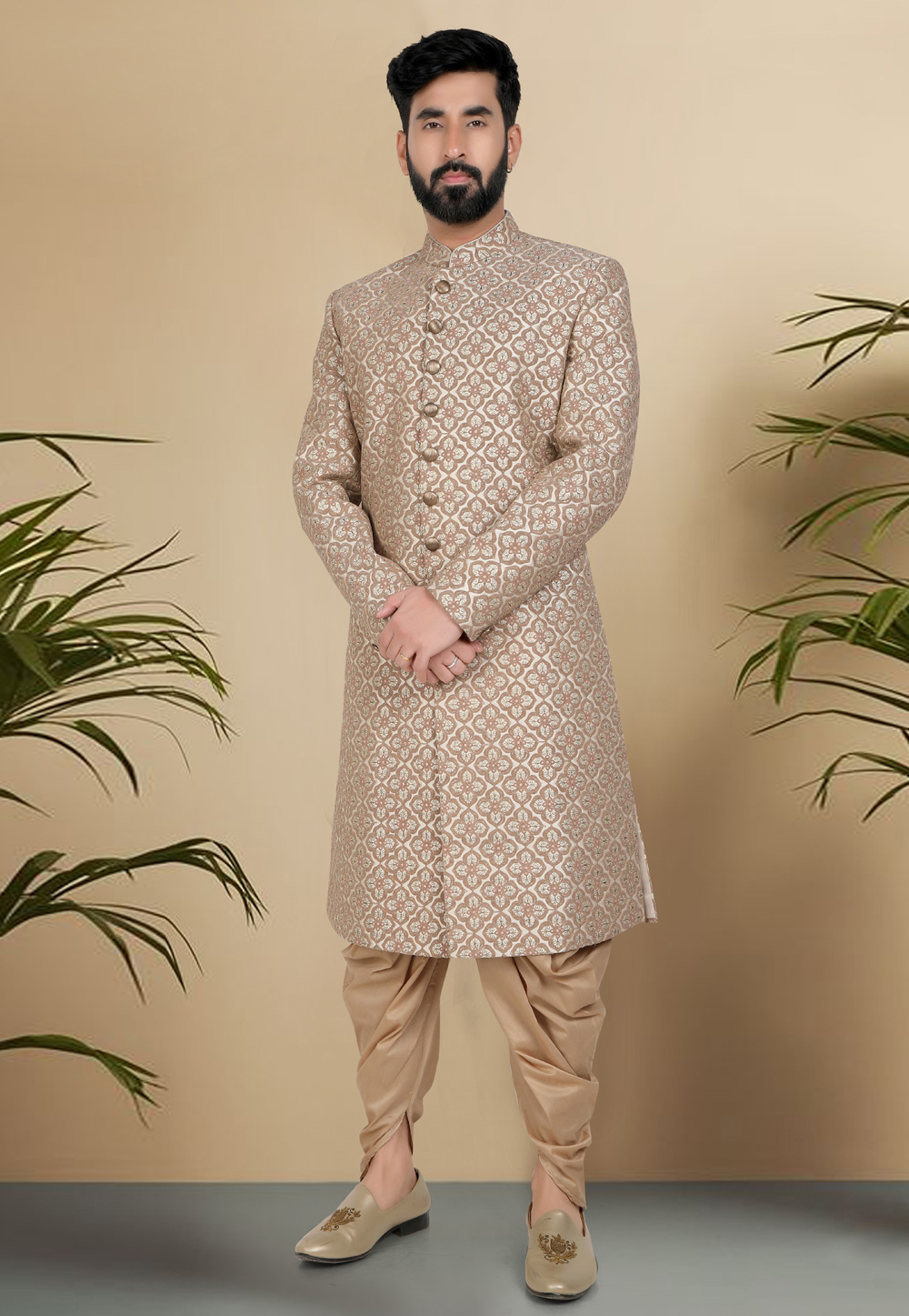 Beige Silk Indo Western Suit 313108
