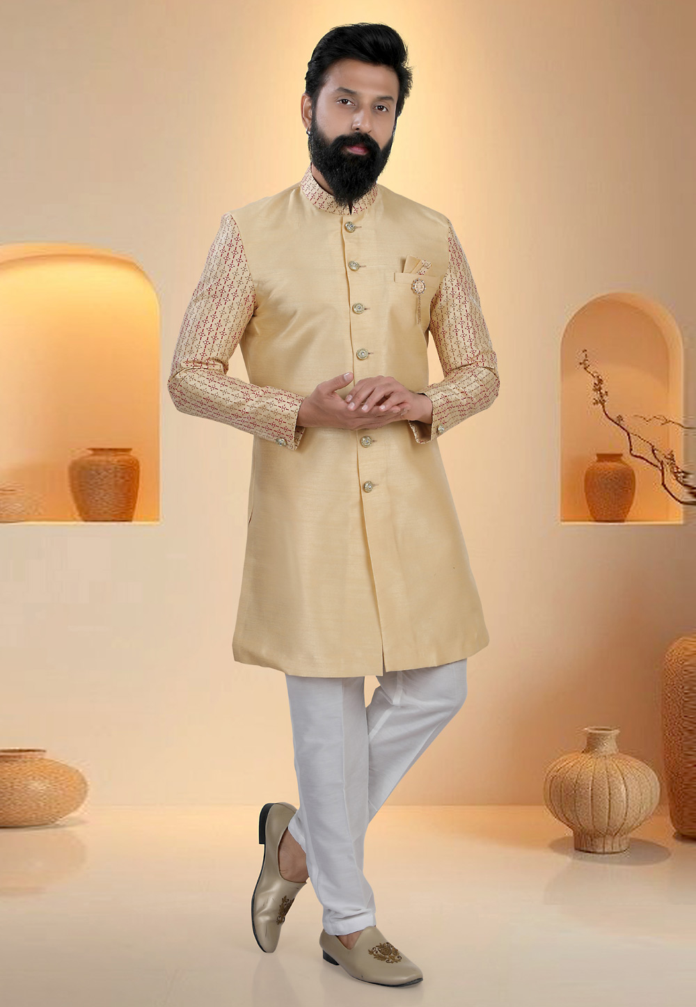 Beige Silk Indo Western Suit 321298