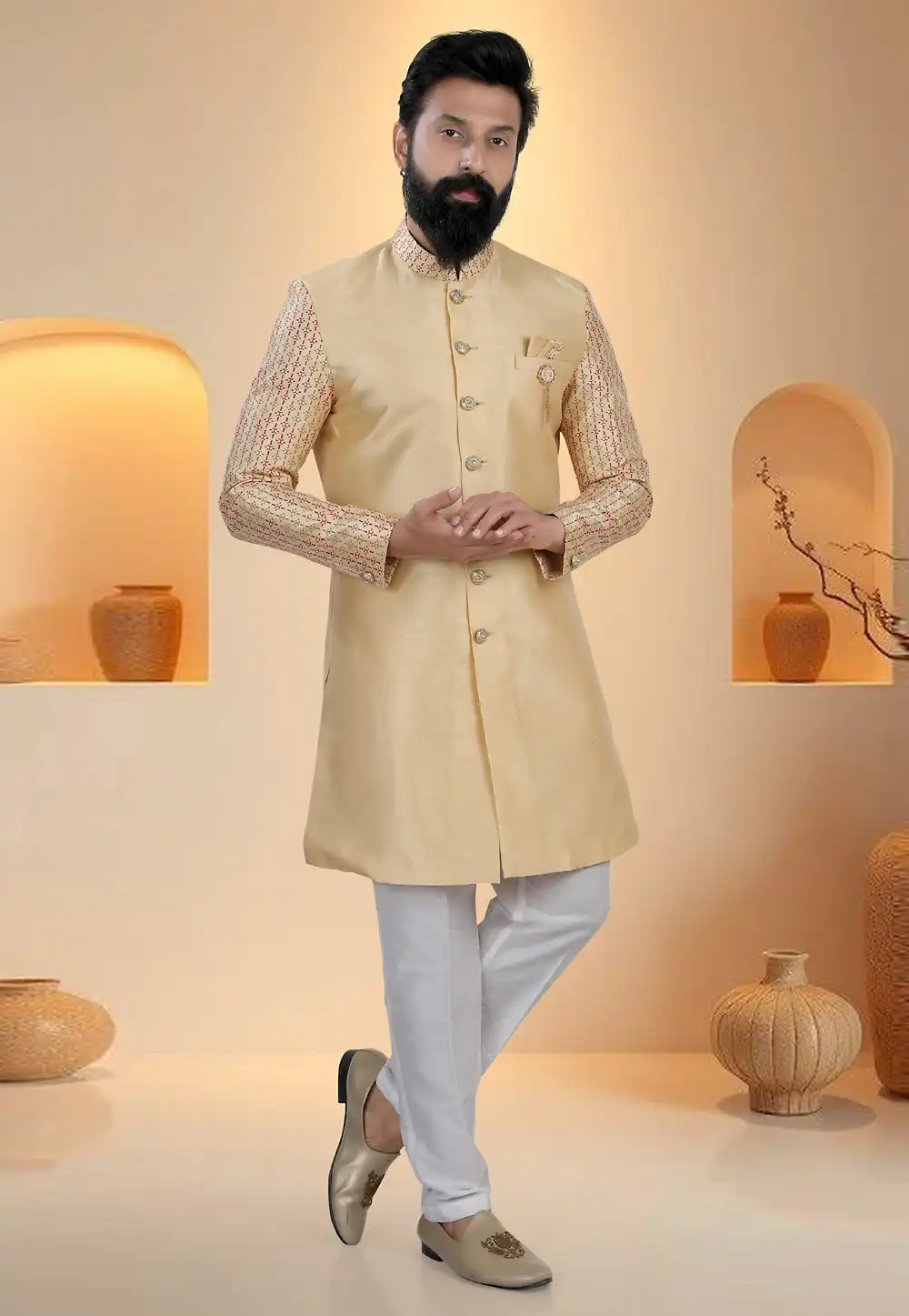 Beige Silk Indo Western Suit 321298