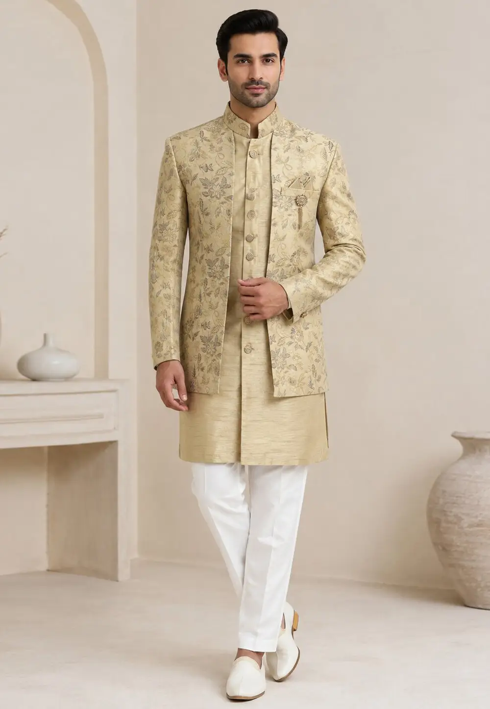 Beige Silk Indo Western Suit 334976
