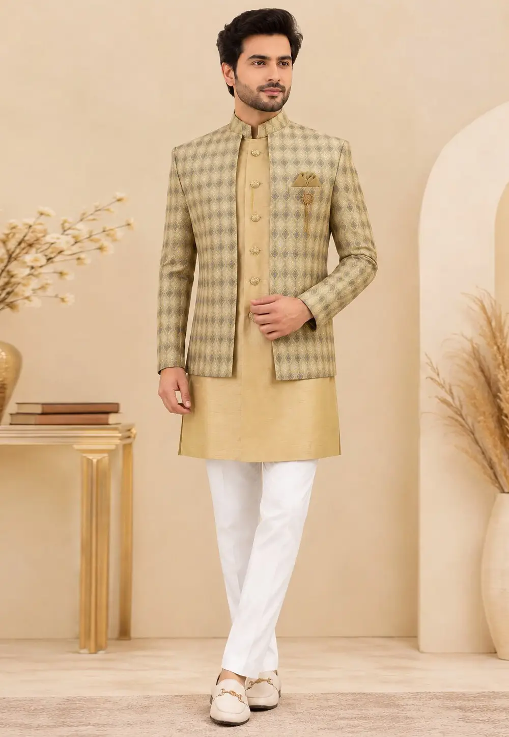 Beige Silk Indo Western Suit 334982