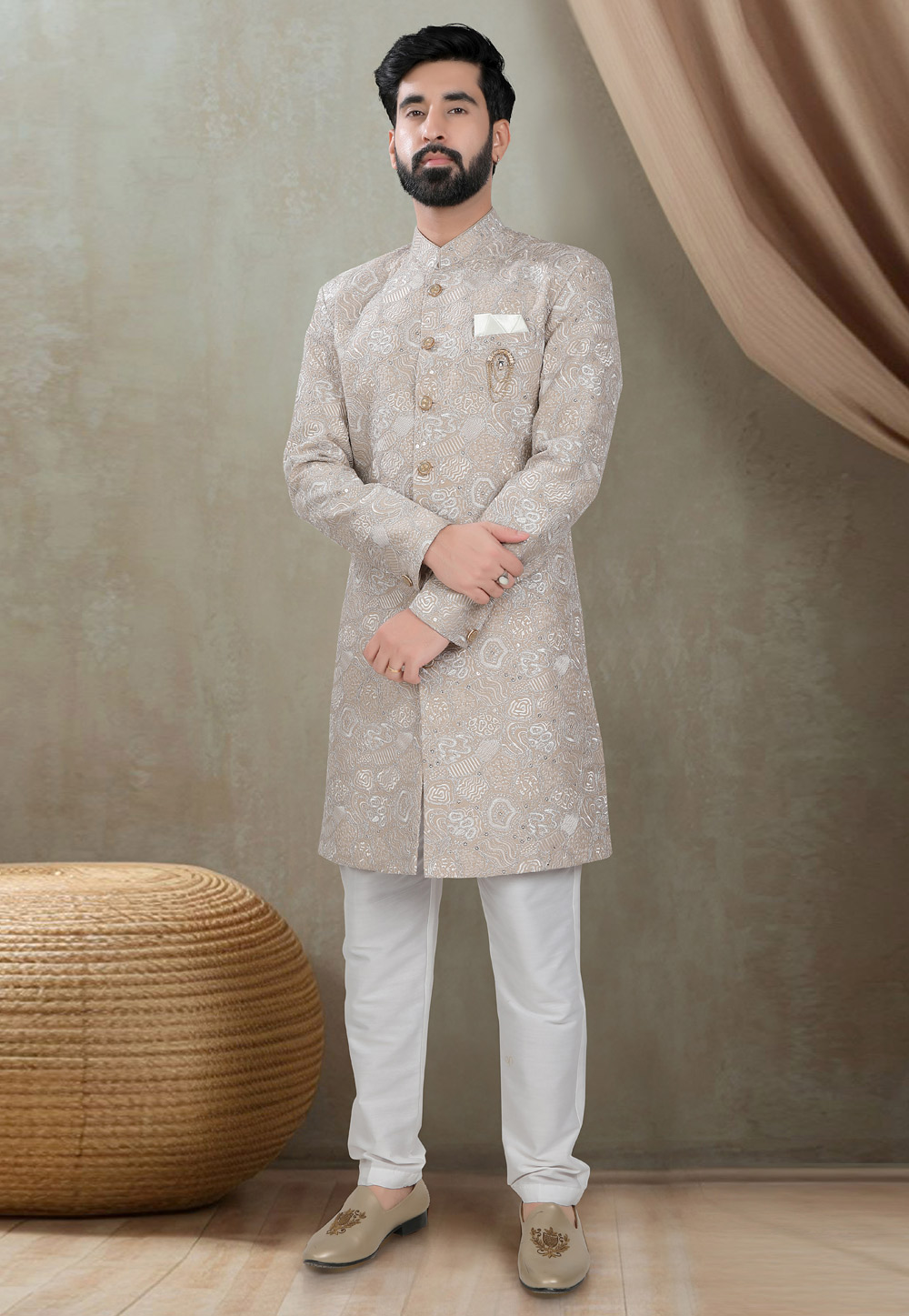 Beige Silk Indo Western Suit 311759
