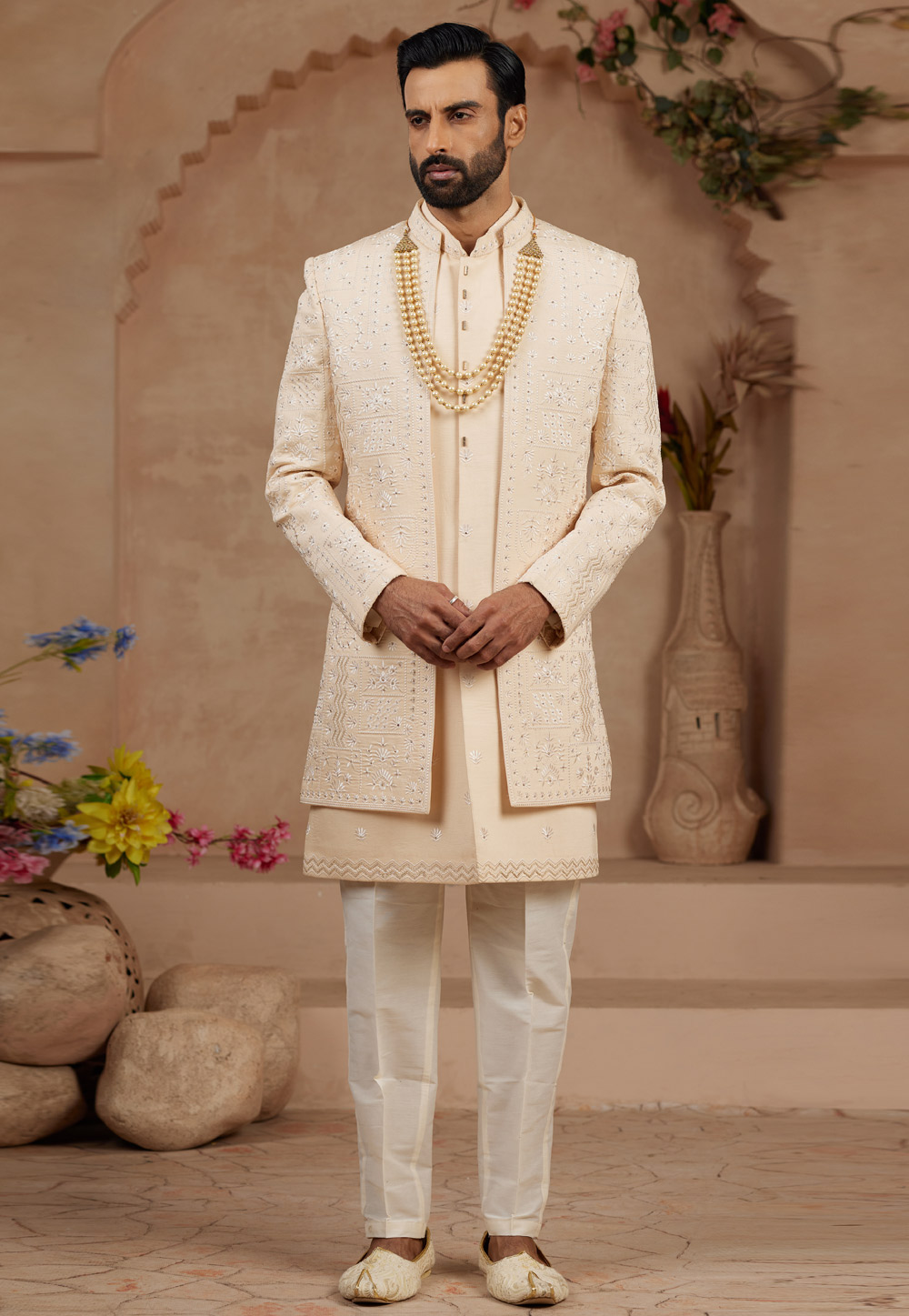 Beige Silk Jacket Style Sherwani 306726