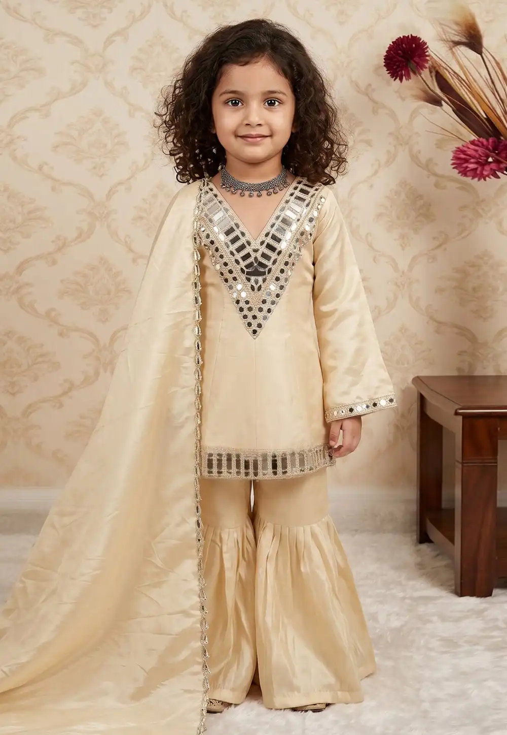 Beige Silk Kids Sharara Suit 329471